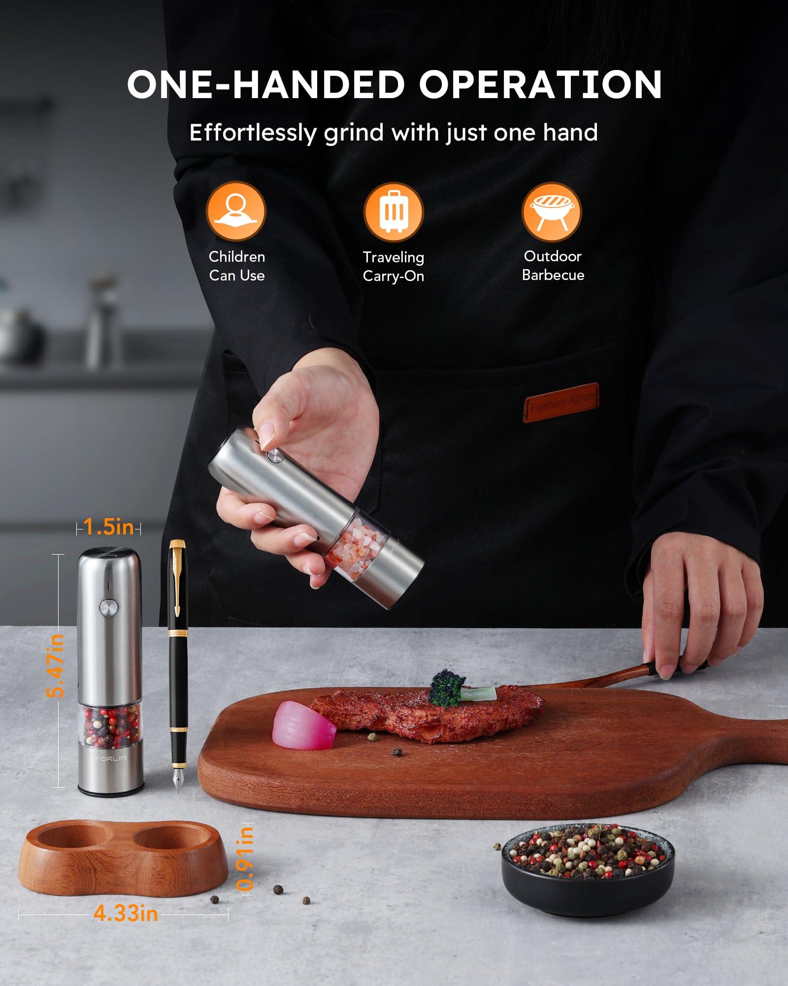 FORLIM Mini Electric Salt and Pepper Grinder Set with Wood Base, USB Rechargeable, Small Automatic Salt Pepper Mill Grinder, Travel/Outdoor BBQ/Children, One-Button Control (2 Packs, Stainless Steel) - Image 4