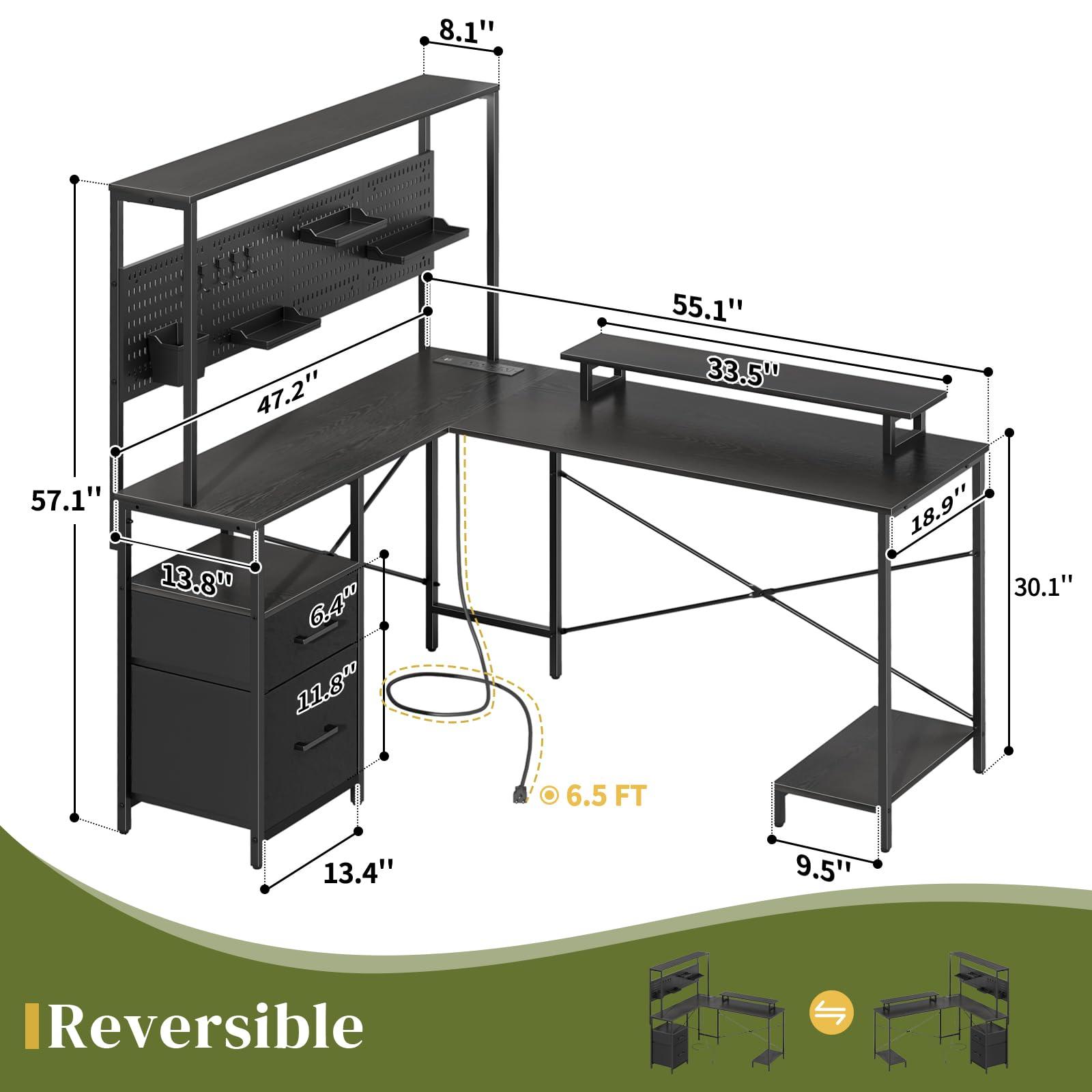 Yoobure L Shaped Desk with Pegboard, Reversible Computer Desk with Drawers & Storage Shelves, Gaming Desk with LED Lights & Power Outlets, Office Desk with Monitor Stand Corner Desk Home Office Desks - Image 2