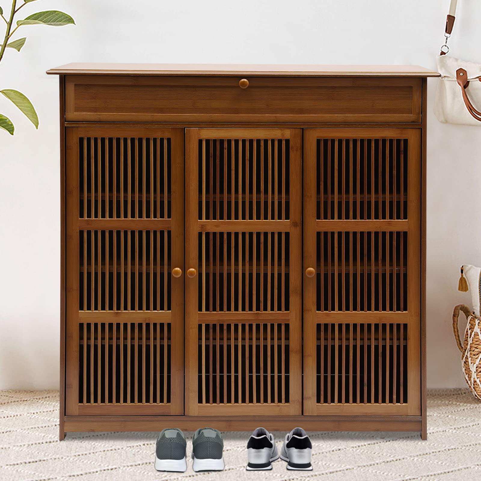 GUDBYWXB 39" Bamboo Shoe Cabinet with Drawer 3-Doors Shoe Cabinet High Heels Storage Rack, for Bathroom, Living Room, Kitchen, Entrance, Etc - Image 5
