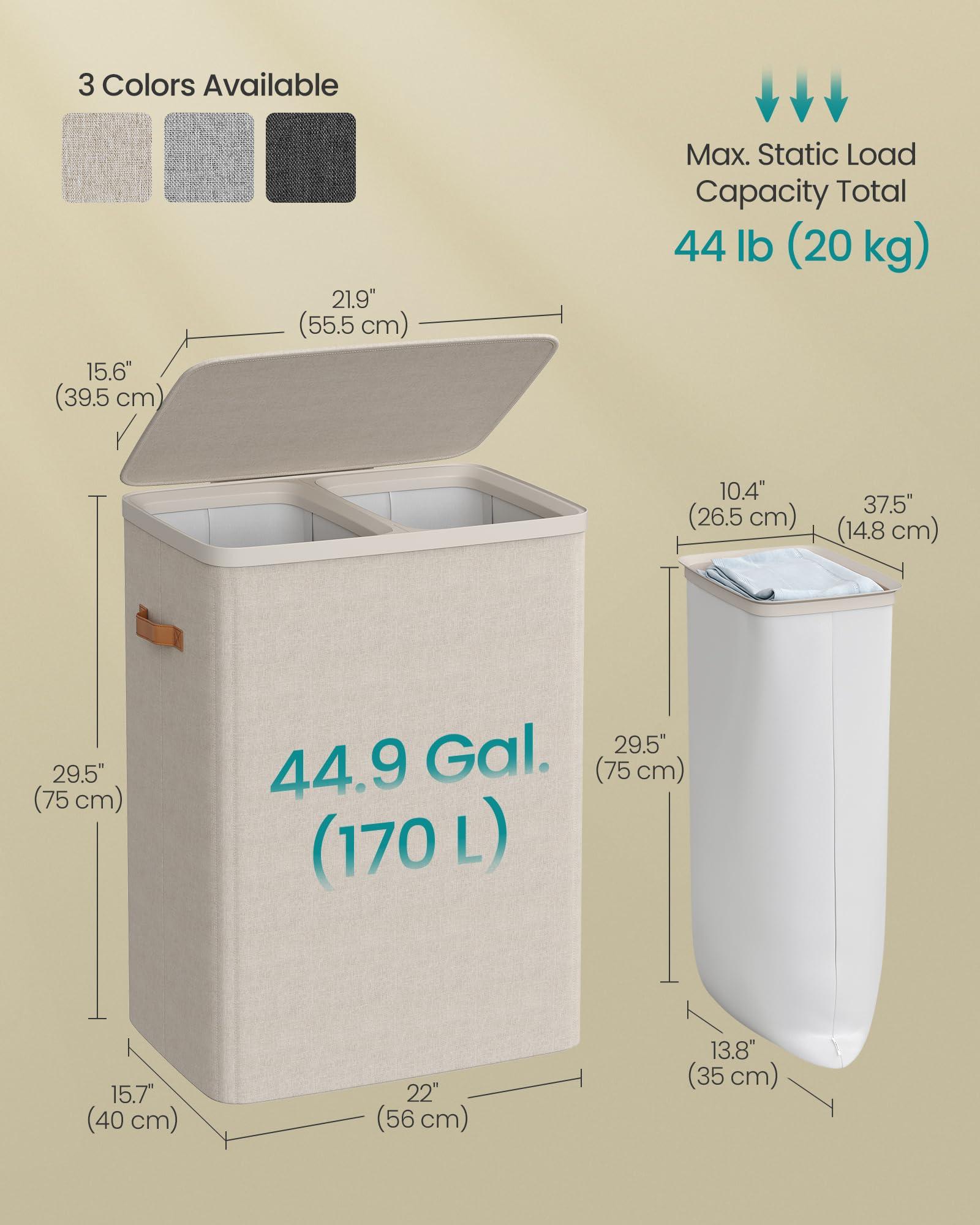 SONGMICS Laundry Basket, 44.9 Gal. Laundry Hamper, 2 Compartments, Easy Assembly, with Lid and Handles, Removable Inner Bags, 22 x 15.7 x 29.5 Inches, Cappuccino Beige ULCB813L01 - Image 3