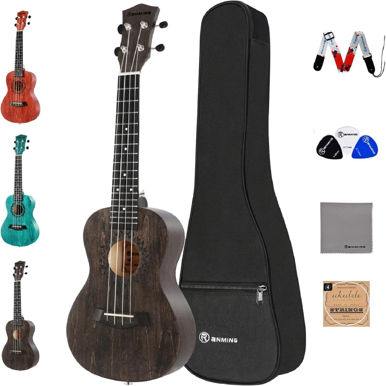 RANMING Ukulele Wood Concert Ukelele for Adults Beginners 23 Inch Ukuleles Starter Bundle Kit with Gig Bag Strap Nylon String Premium Basswood Brown Ukalalee for Adult