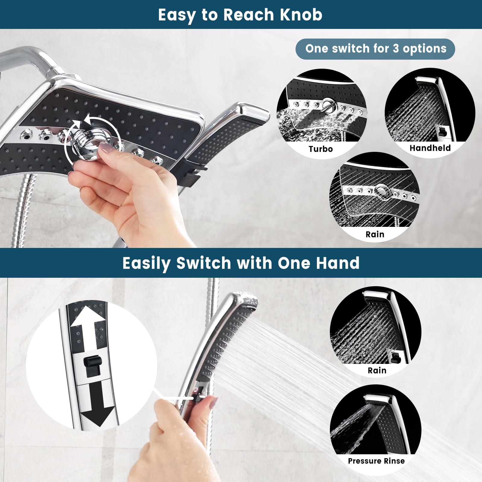 BRIGHT SHOWERS High Pressure Shower Head with Handheld, Dual Showerhead Combo with Black Face, Detachable Hand Held Shower with Rainfall Spray, 60" Stainless Steel Hose, Modern Chrome Finish - Image 5