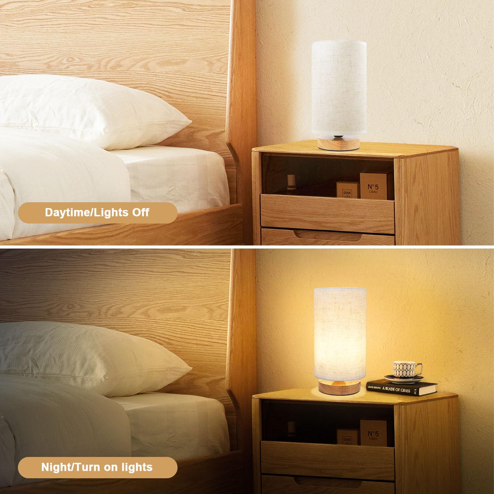 Small Bedside Table Lamp for Bedroom, Minimalist Wood Base & Round Fabric Shade, Mini Cute Cozy Warm White Nightstand Boho Lamp, Study Desk Night Stand Light for Room, Dorm, Nursery, Living Room - Image 5