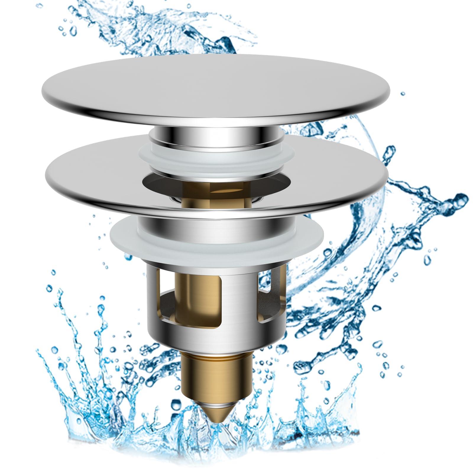 Hibbent All Metal 2 in 1 Bathroom Sink Stopper, Universal Pop Up Drain Strainer, Brass Bullet Core Push Type Sink Stopper for 1.1''~2.3'' Basin, Big Push Button, Anti Clogging Drain Filter, Chrome