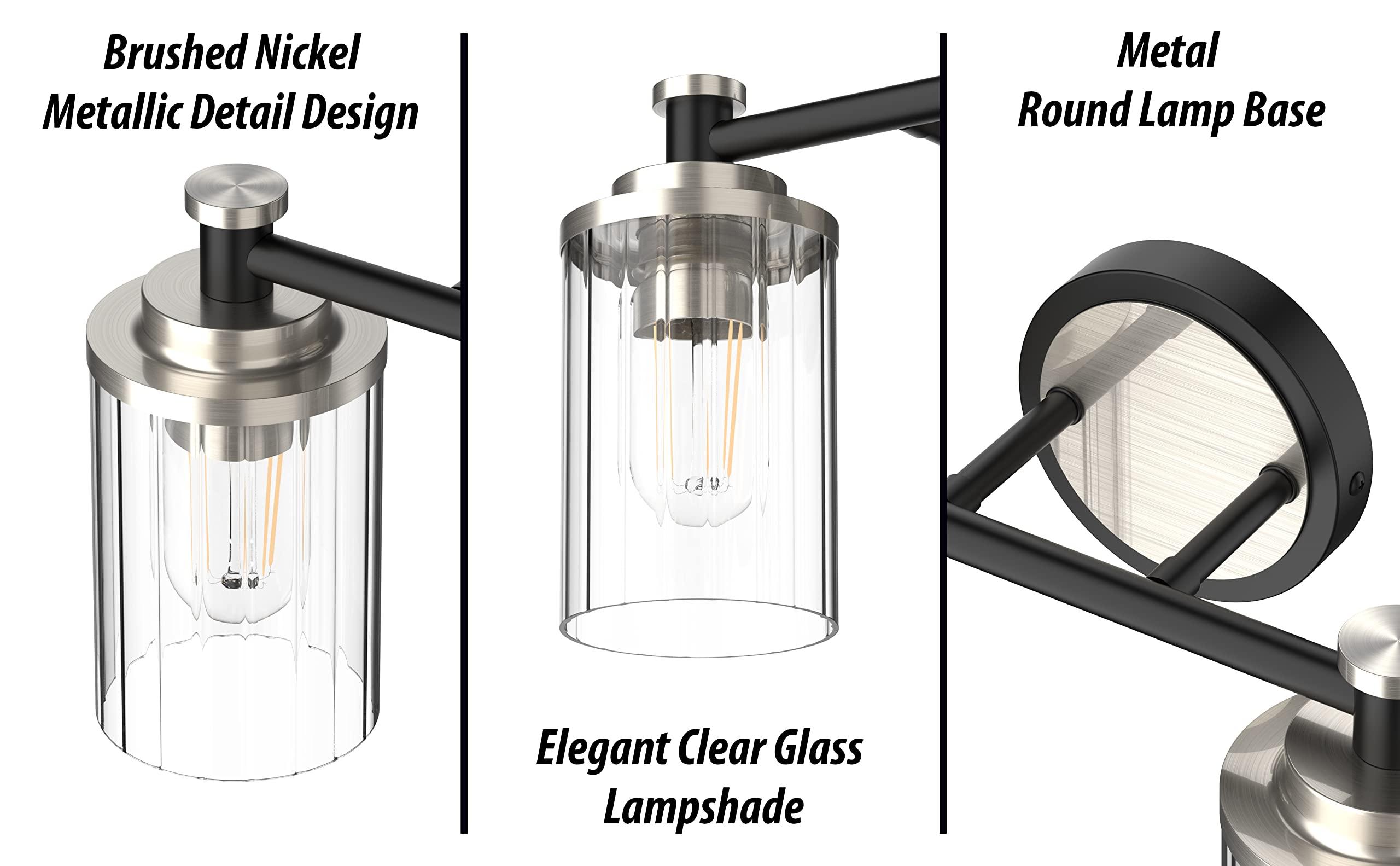 PHIXART Bathroom Lighting Fixtures Black and Brushed Nickel Bathroom Vanity Light with Cylindrical Clear Stripes Glass Lampshade E26 Socket Base Bathroom Lighting Fixtures Over Mirror (3 Lights) - Image 6