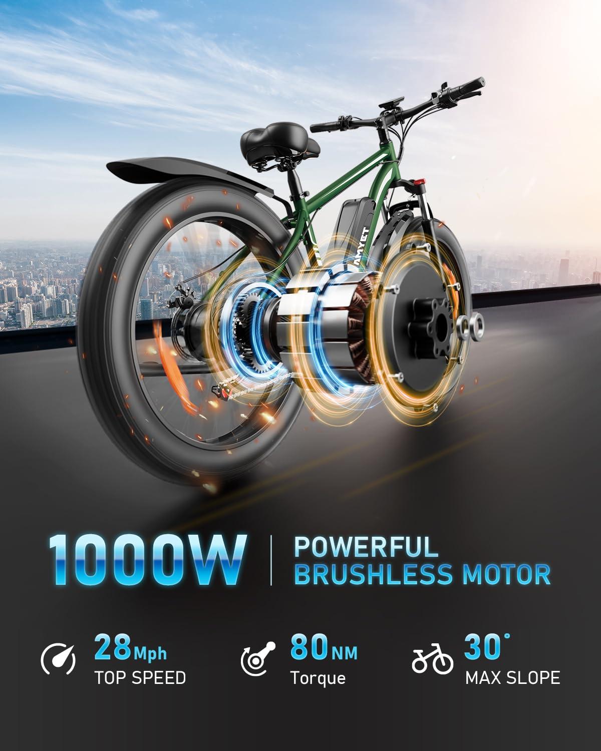 AMYET EB26 Electric Bike for Adults Peak 1500W Electric Bicycle 48V 15AH (720WH) Battery Electric Bike 26" Fat Tire Mountain 28mph 7 Speed Gears Ebike - Image 2