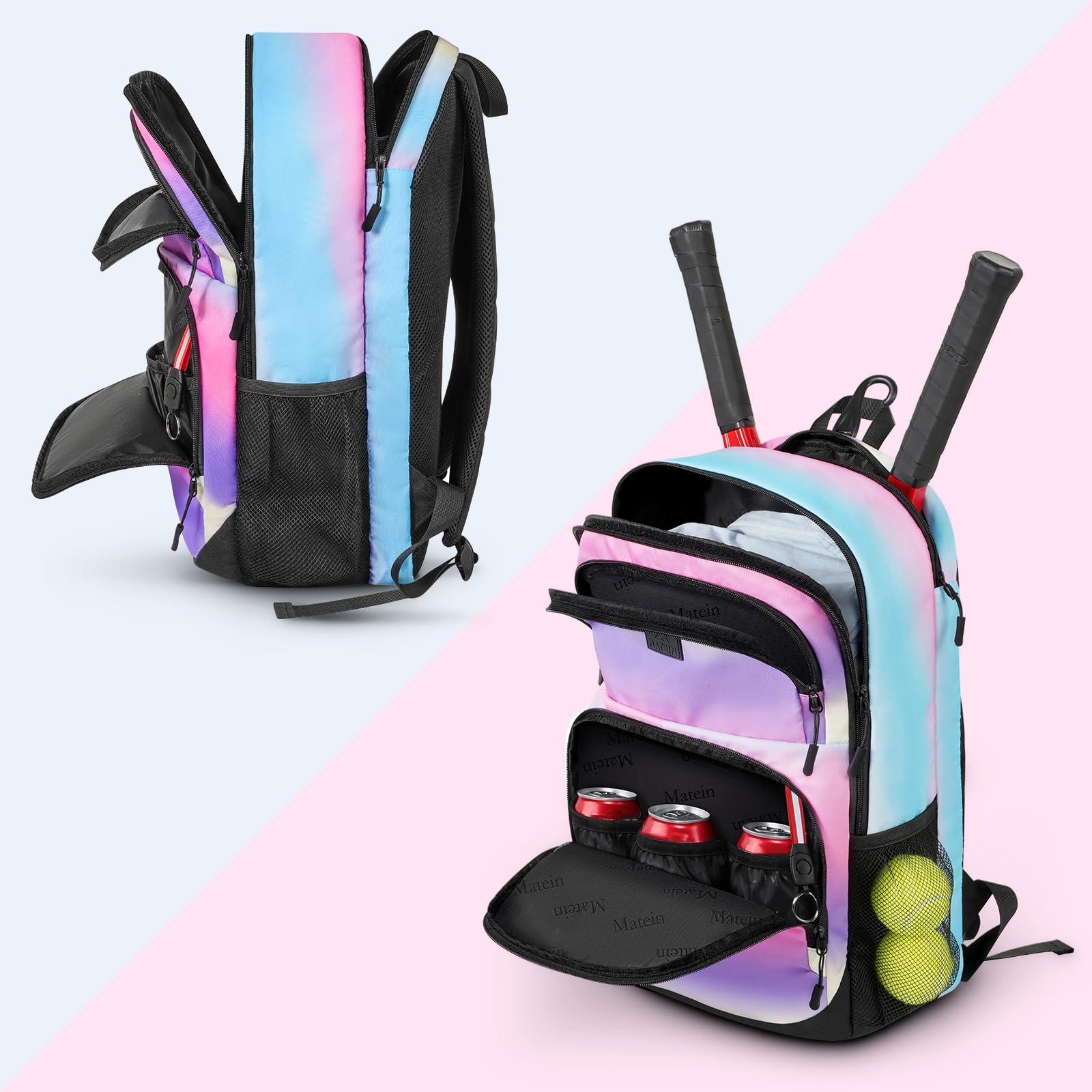 MATEIN Girls Tennis Backpack, Protective Tennis Bag with Cooler Pockets, Sturdy Pickleball Bag with Fence Hook Hold Badminton Paddles, Racket Gifts Backpack for Girls, Kids, Women, Colorful - Image 4
