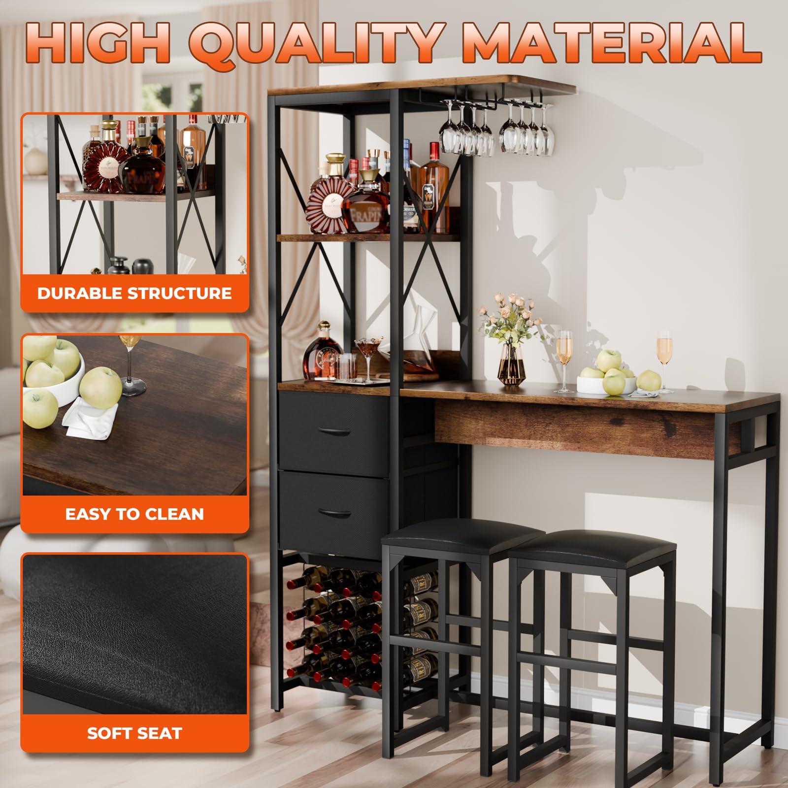 6-Tier Bar Table and Chairs Set, Metal Coffee Bar with Storage Shelves And 2 fabric Drawers, Dining Table Cup Holder & Wine Rack, Kitchen Table Set with PU Leather Cushion Stools for Small Space - Image 6