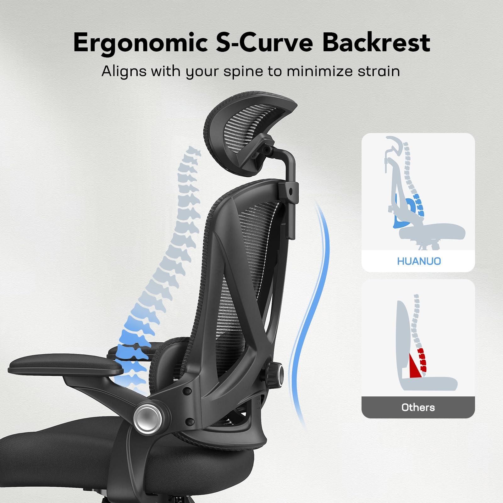 HUANUO Ergonomic Office Chair, High Back Desk Chair with Up&Down Lumbar Support, 3D Flip-Up Armrests, 2D Headrest, Swivel Computer Task Chair with Wheels and Tilt Function for Home & Office, HNOC13 - Image 2