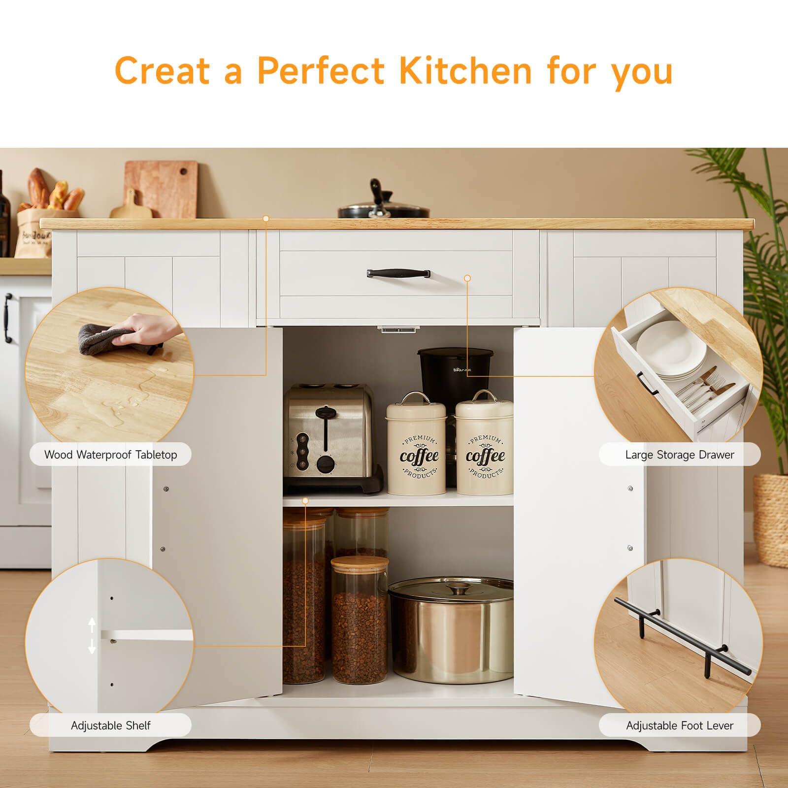 ONBRILL Stationary Kitchen Islands Include 2 Chairs, 47" Kitchen Island with Drop Leaf, Home Bar Table with Spice Rack & with Trash Cabinet, Island Table for Dining Room with Power Outlet, White - Image 8
