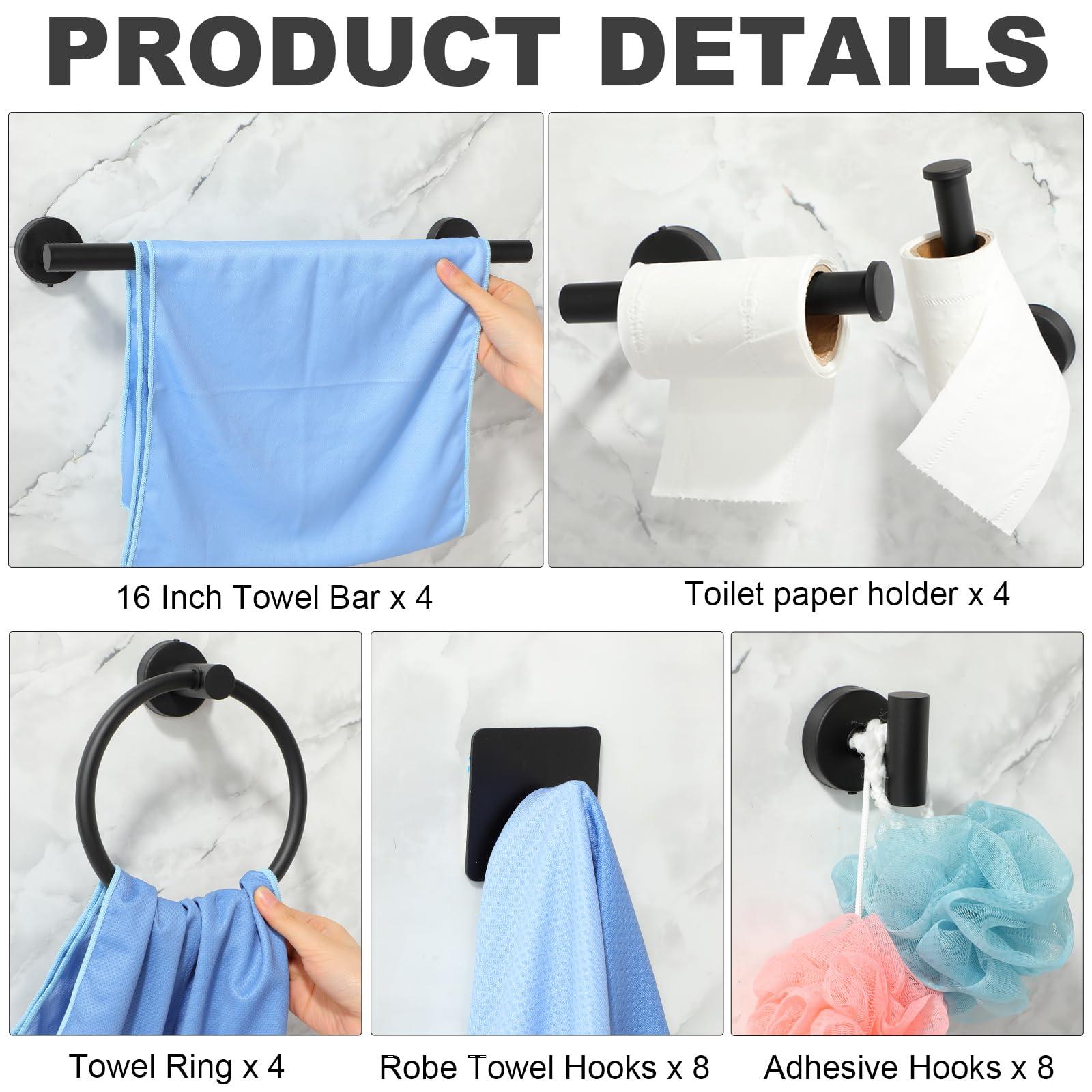 Blulu 28 Pcs Bathroom Hardware Set Stainless Steel Bathroom Accessories Set, Including 16'' Bath Towel Bar, Towel Rings, Robe Hooks, Toilet Paper Holders, Wall Mounted (Matte Black) - Image 3