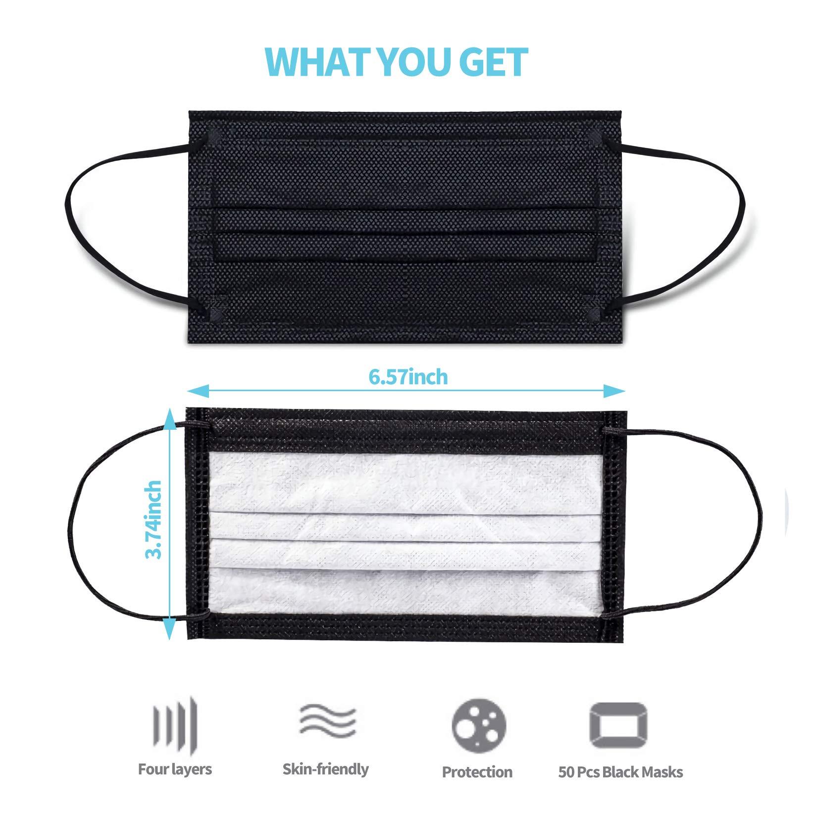 YJIAKA Black Disposable Face Masks 4 Layers Protection 50Pcs, Breathable Dust Mask Mouth Covers for Adult - Image 4