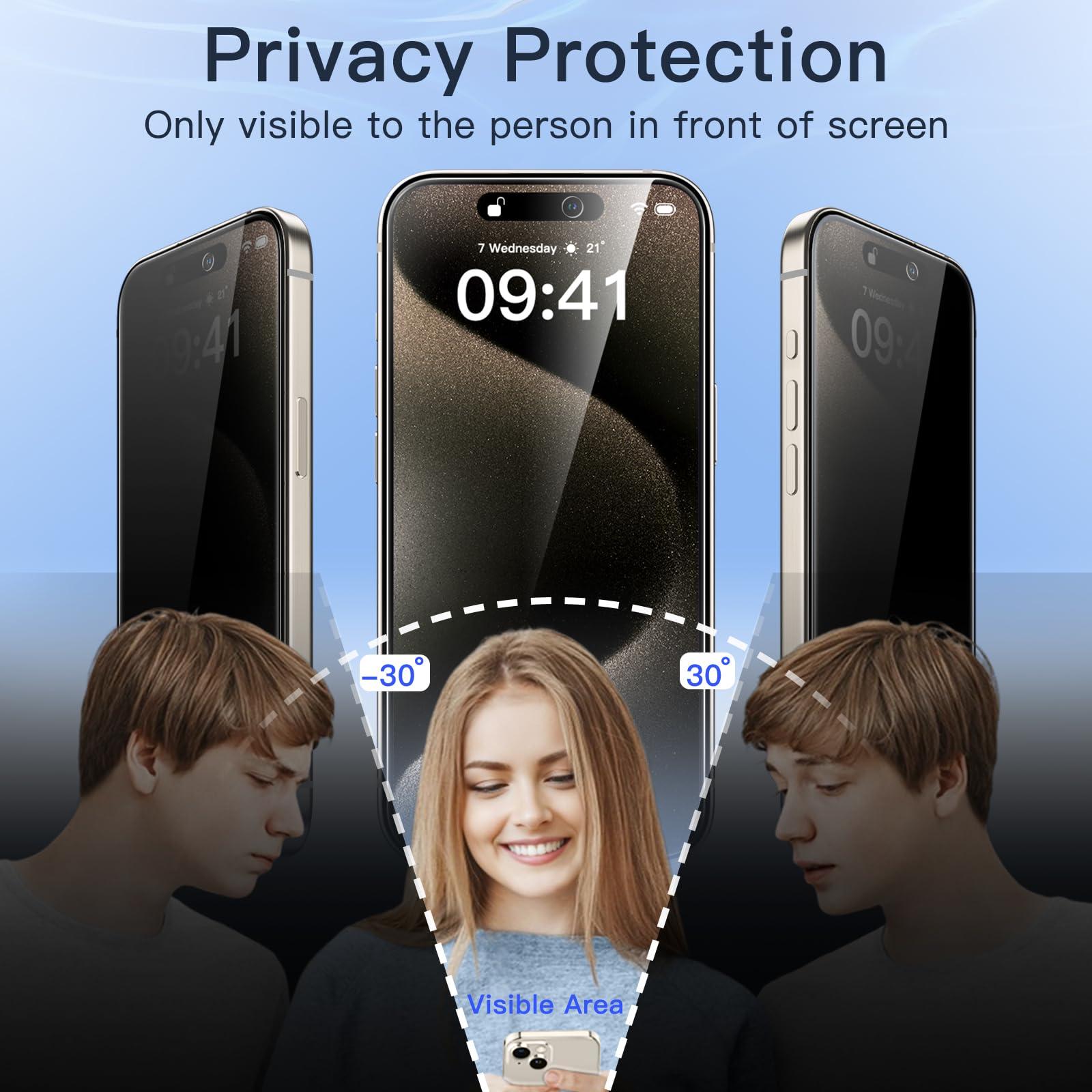 JETech Privacy Full Coverage Screen Protector for iPhone 15 Pro 6.1-Inch, Black Edge Anti-Spy Tempered Glass Film with Easy Installation Tool, Case-Friendly, 2-Pack - Image 4