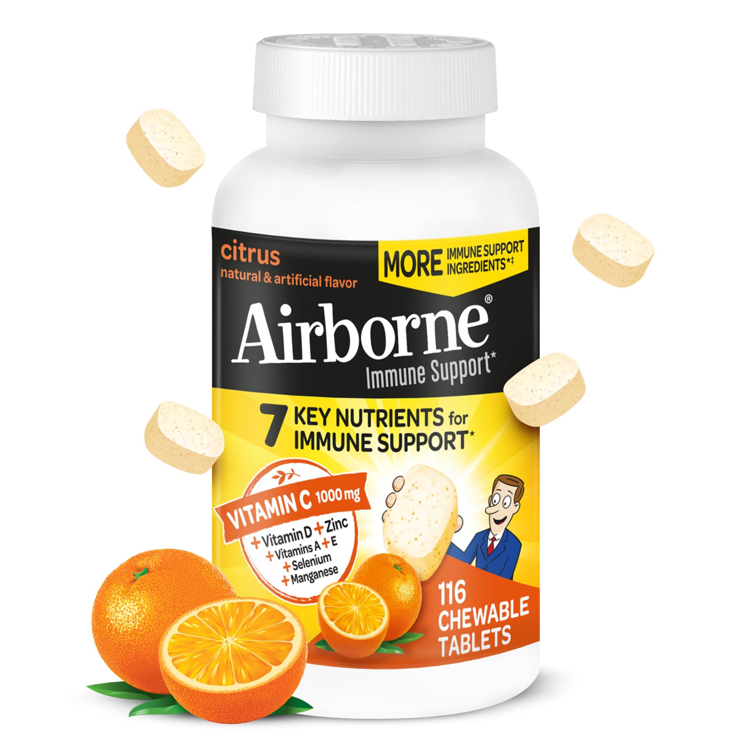 Airborne Vitamin C 1000mg (per Serving) - Citrus Chewable Tablets (116 Count in a Bottle), Gluten-Free Immune Support Supplement, with Vitamins A C E, Zinc, Selenium, Echinacea, Ginger, Antioxidants