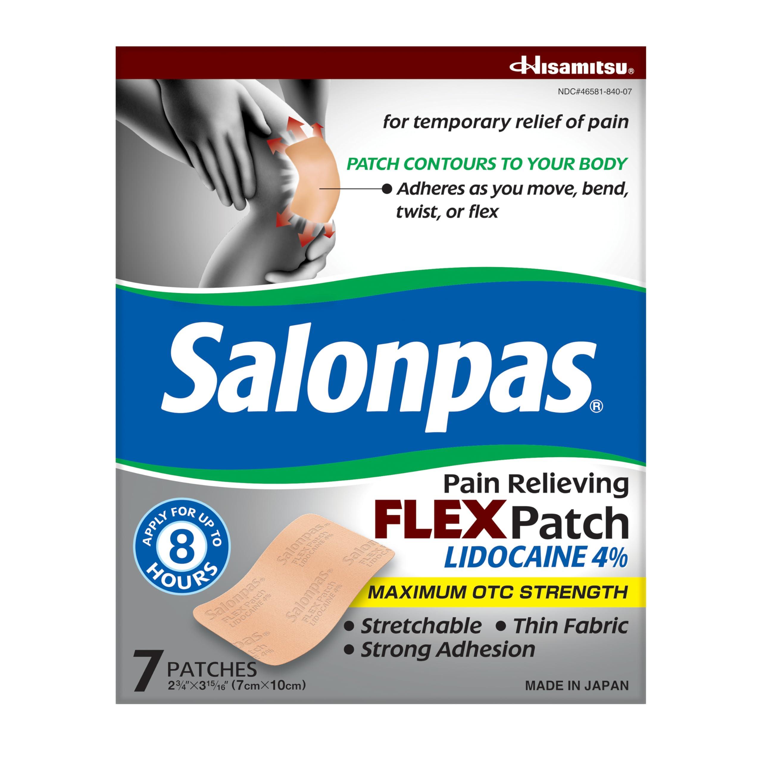 Salonpas Maximum OTC Strength Lidocaine 4% Pain Relieving Flex Patch, Apply for Up to 8 Hours, Unscented, Thin, Flexible, Lightweight, Patch Stays in Place, 7 Patches