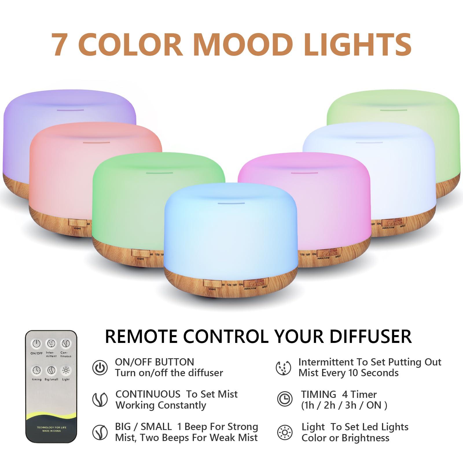 Oil Diffuser, 500ml Essential Oil Diffusers, Aromatherapy Diffuser with 2 Mist Mode 4 Timers＆7 Ambient Light Waterless Auto Off, Diffusers Large Room Home Office - Image 4