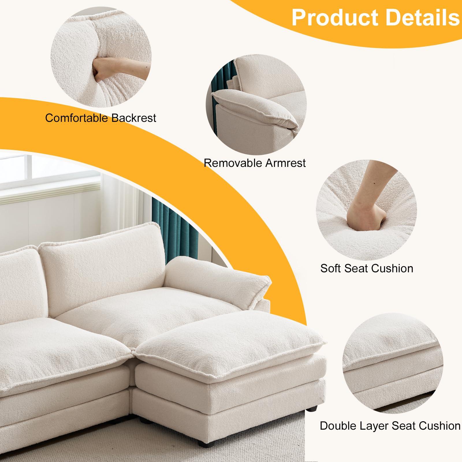 Karl home Sectional Sofa Modular Deep Seat Sofa Couch with Ottoman, Teddy Fleece Sofa Sleeper Comfy Upholstered Furniture for Living Room, Apartment, Studio, Office, (3-Seat & 1-Ottoman, Teddy Beige) - Image 3