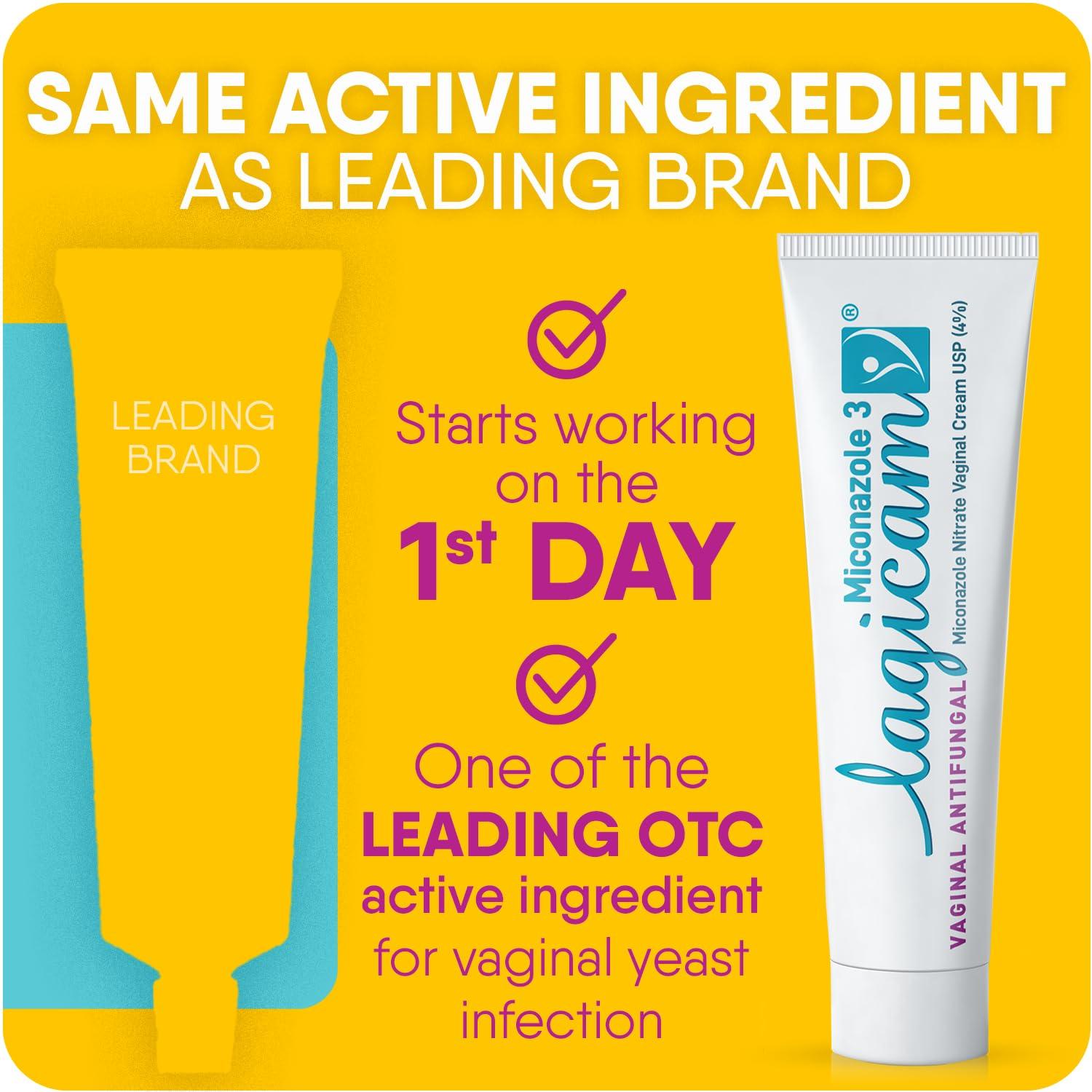 Lagicam 3 Day Vaginal Yeast Infection Treatment for Women, Start working on the 1st Day, Miconazole Nitrate, Antifungal Cream relieves Itching and Irritation, 3 Disposable Applicators & Cream (1 Pack) - Image 3