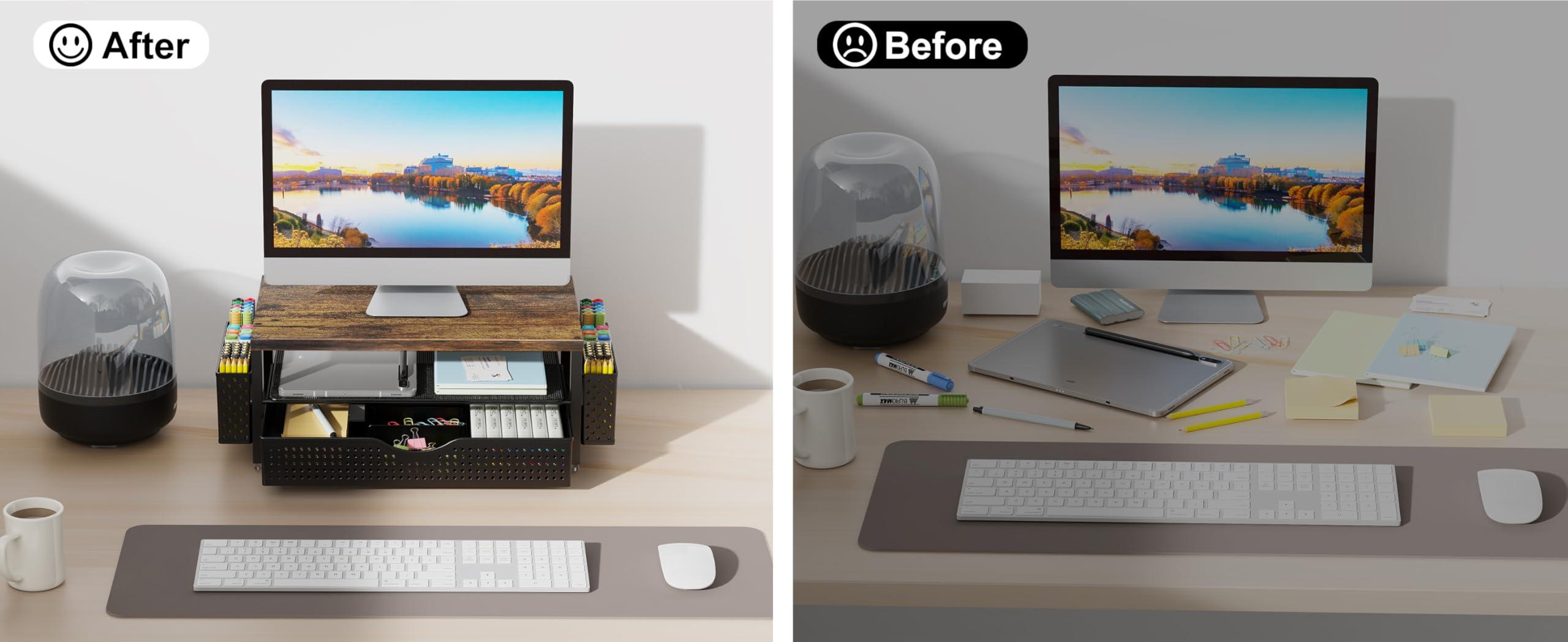 gianotter Wood Monitor Stand Riser, Office Desk Shelf Organizer, Desk Organizer with Drawer and Pen Holder, 2-Tier Computer Stand, Office Organization (Wood) - Image 4