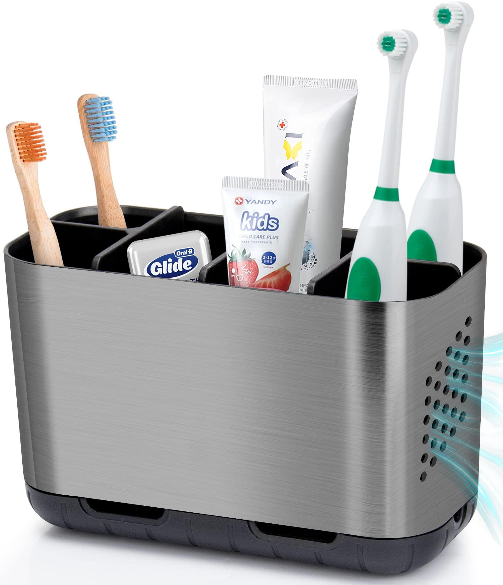 Boperzi Toothbrush and Toothpaste Holder Brushed Nickel Drainage for Bathroom Vanity, Large Electric Toothbrush Storage Caddy Anti-Slip Rustic with Adjustable Dividers for Family, Kids