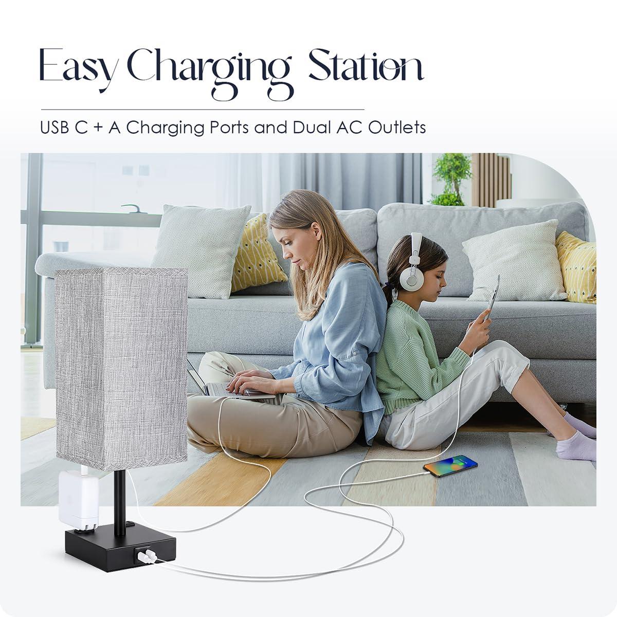 Bedside Table Lamp for Bedroom - Touch Small Lamp with USB C+A Charging Ports & AC Outlets, 3 Way Dimmable Nightstand Light for Living Room (LED Bulb Included, Grey) - Image 4