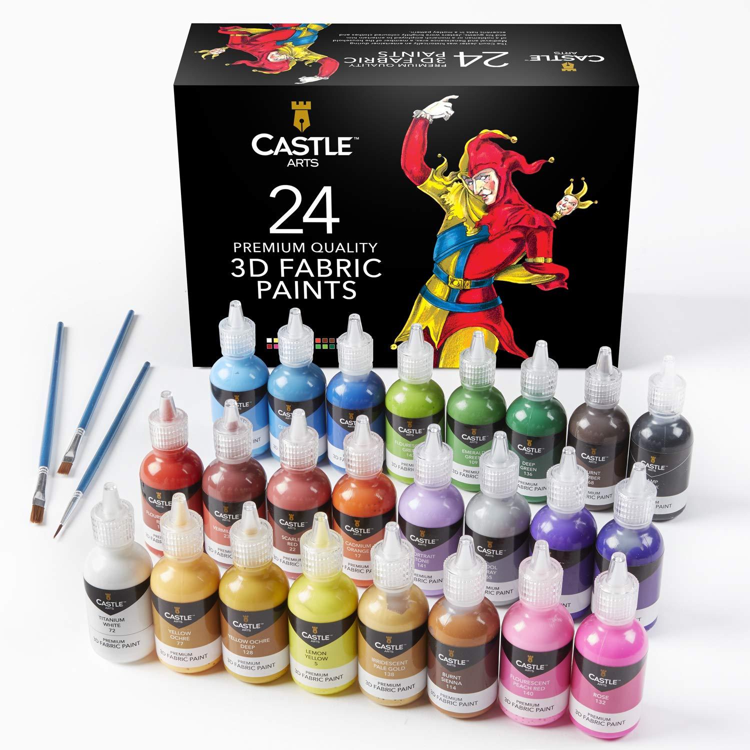 Castle Art Supplies 3D Fabric Paint Set | 24 Quality Vibrant Colors in 29ML Bottles | for Artists; For Crafters; For Fun | Clothing, Textile, Canvas, Glass, Wood, Shoes | in Strong Selection Box