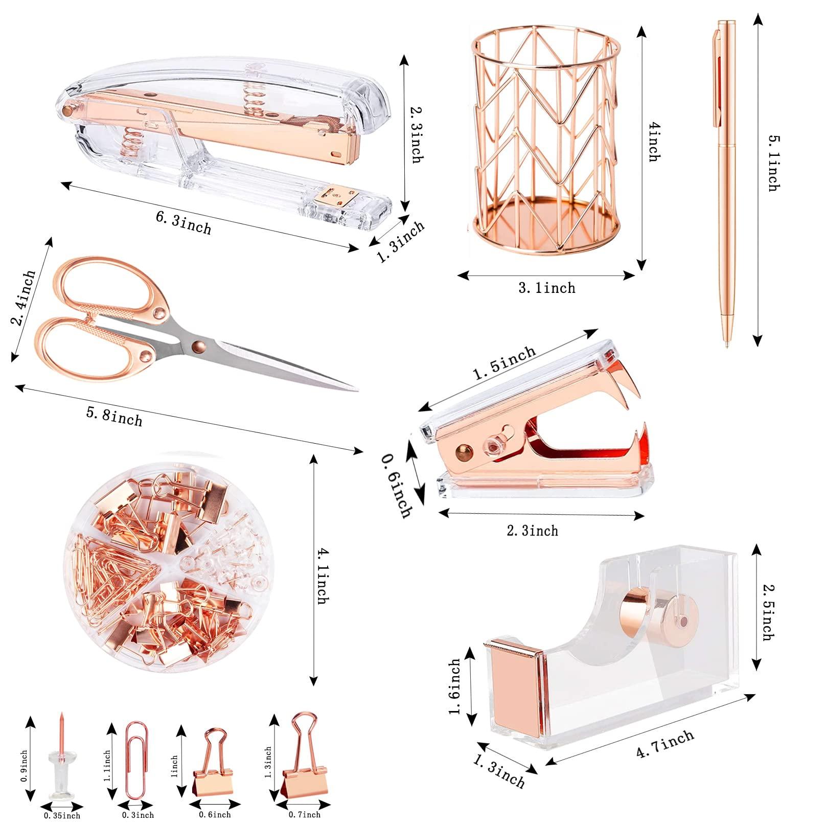 Famassi Rose Gold Desk Accessories，Office Supplies Set Acrylic Stapler Set Staple Remover, Tape Holder, 2 Ballpoint Pen, Scissor, Binder/Paper Clips and 1000pcs Staples. - Image 3