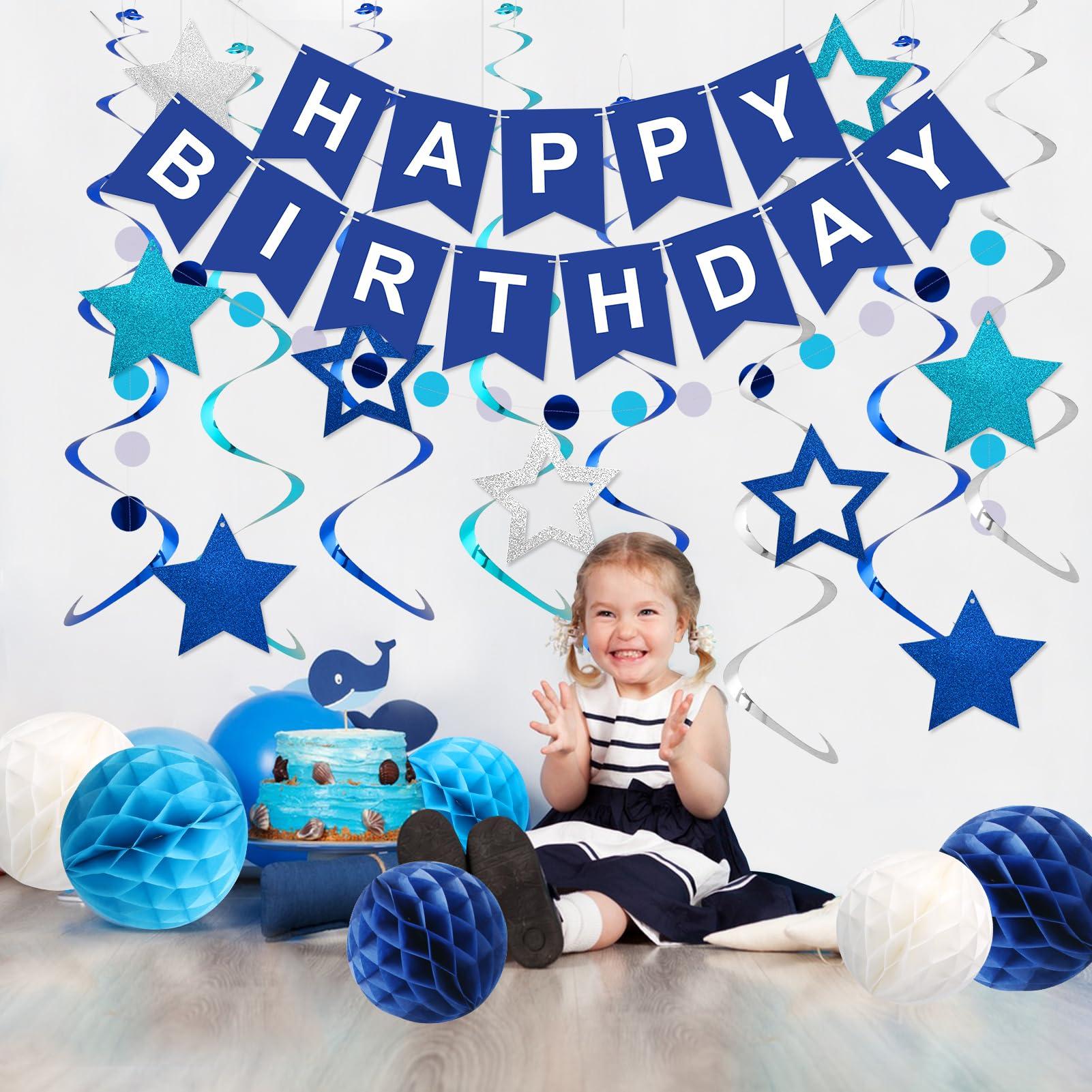 meowtastic Birthday Decorations, Happy Birthday Banner with Honeycomb Balls, Stars Hanging Swirl Streamers, Circle Dots Garland, Happy Birthday Party Decorations for Women Men Boys Girls (Blue) - Image 6