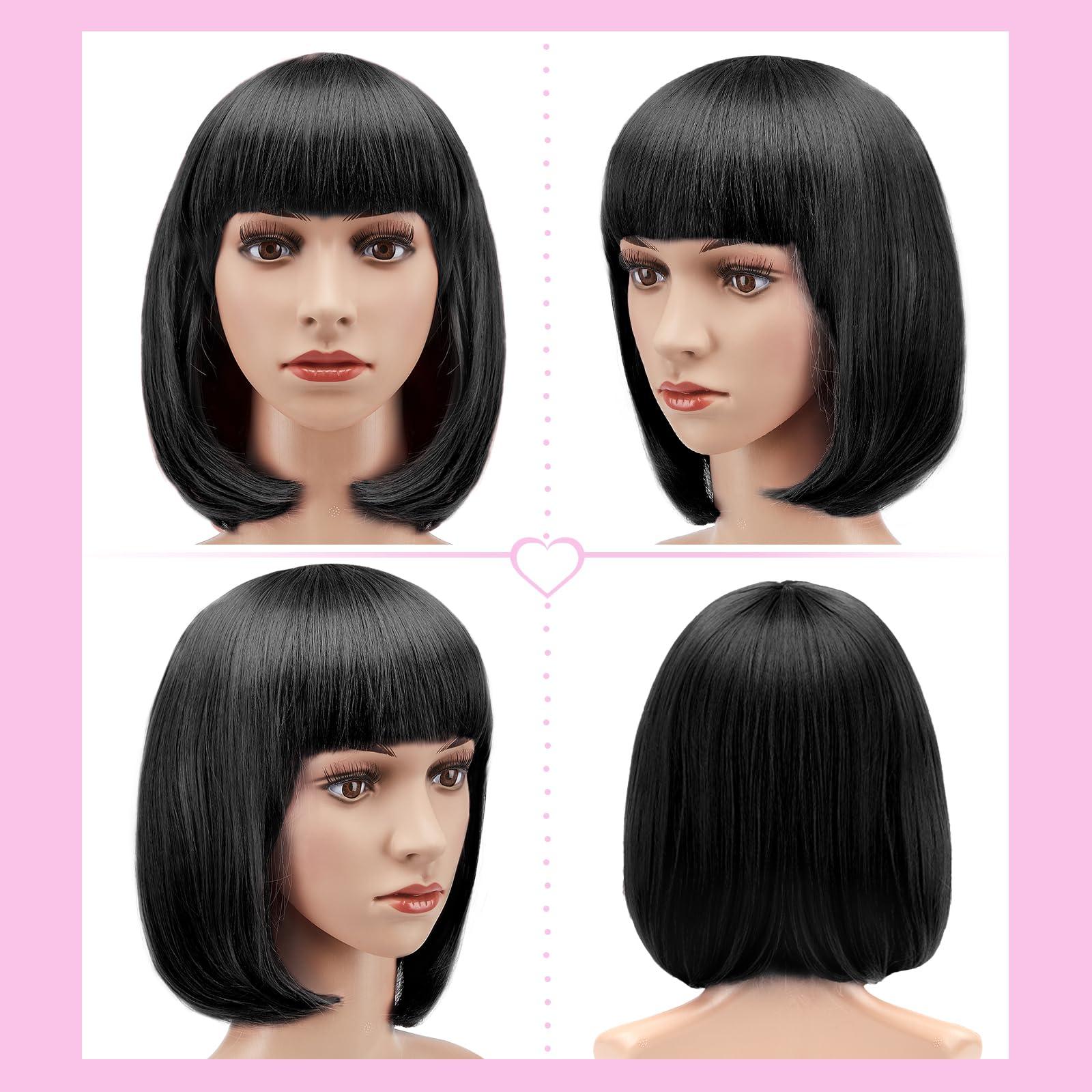 AGPTEK 13 Inches Straight Heat Resistant Short Bob Hair Wigs with Flat Bangs for Women Cosplay Daily Party - Black - Image 9