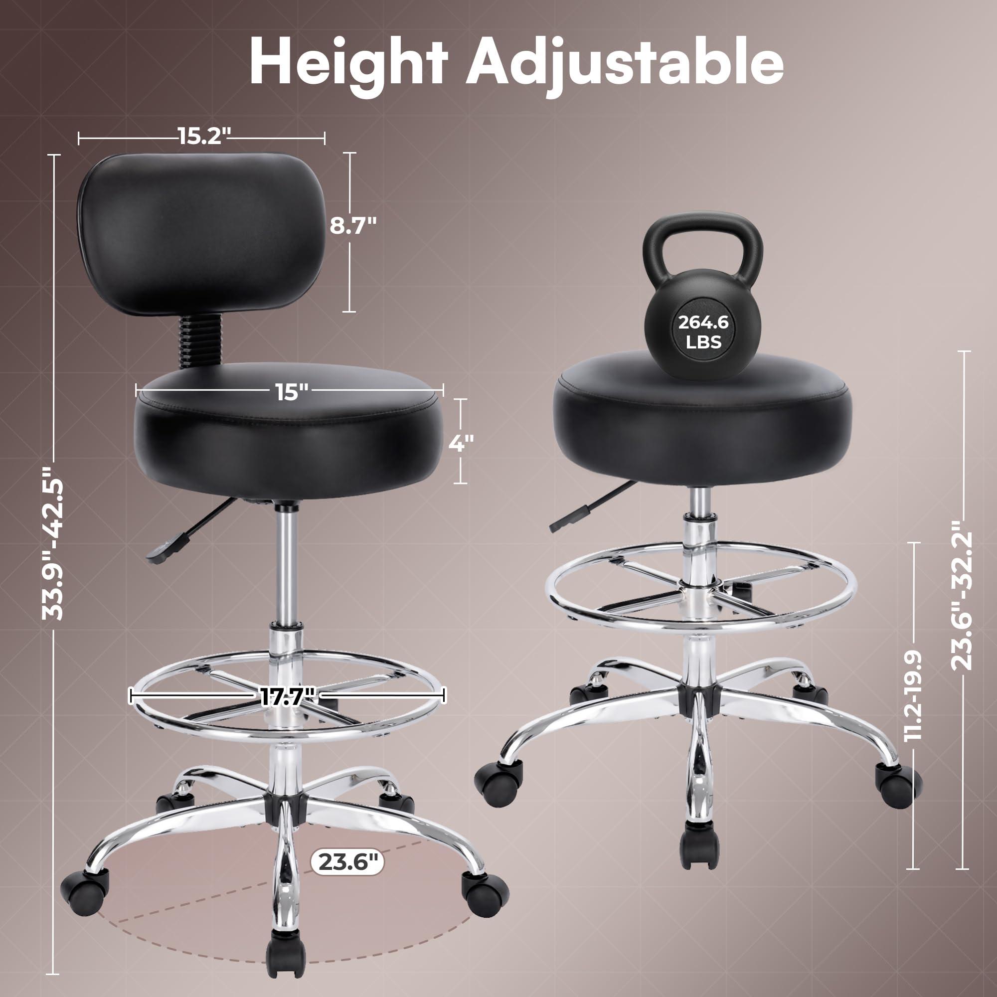 SUPERJARE Drafting Chair with Back, Adjustable Foot Rest Rolling Stool, Multi-Purpose Office Desk Chair, Thick Seat Cushion for Home Bar Kitchen Shop - Black - Image 3