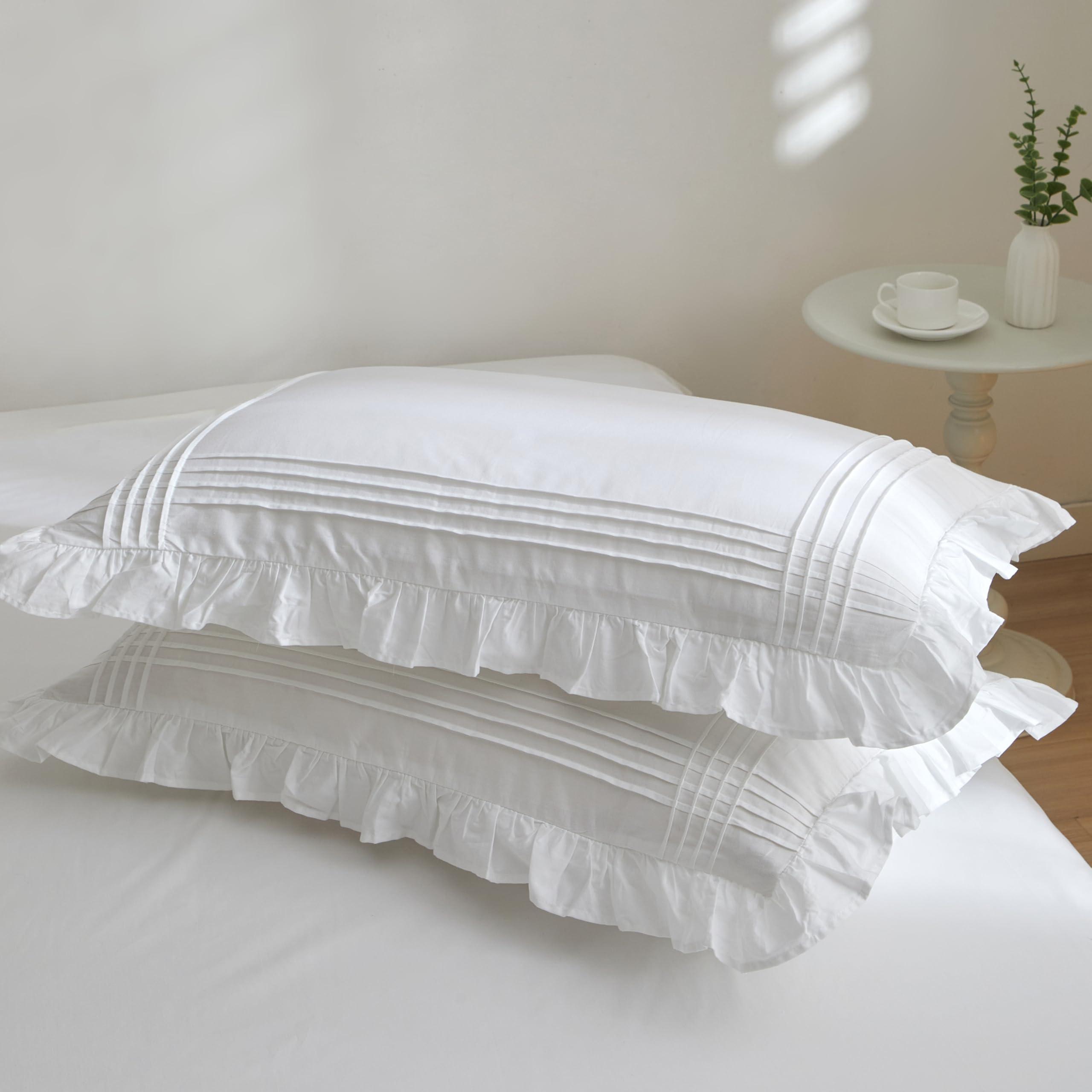 Ranznaz Ruffled Pillow Shams Standard Size Set of 2, 100% Cotton White Ruffle Pillow Cases with Pintucks, Farmhouse French Shabby Chic Pillowcases for Bedding, 20x26 Inch