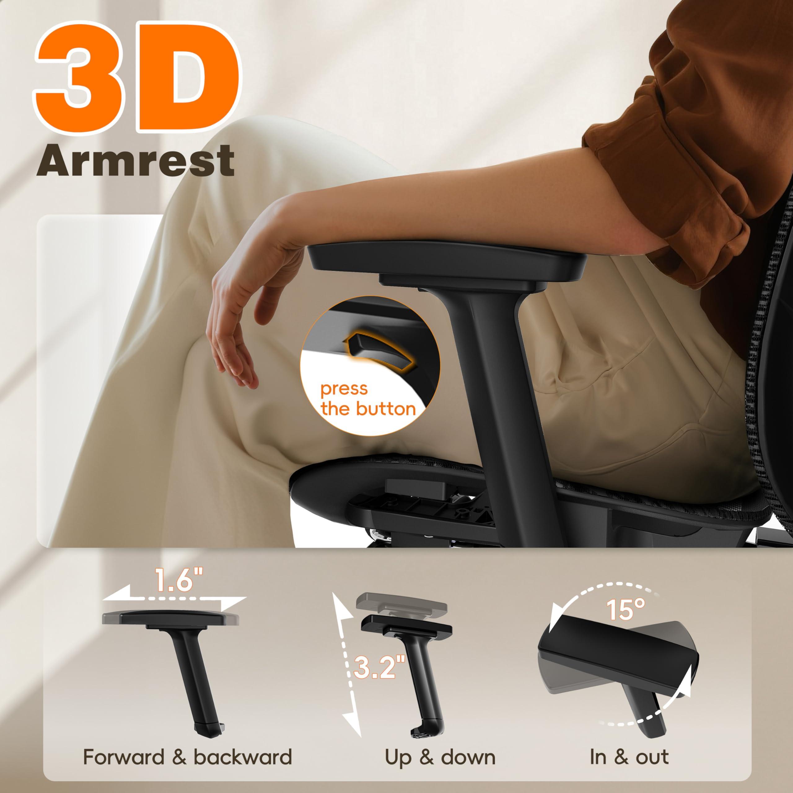 GABRYLLY Ergonomic Office Chair with Adjustable Lumbar Support, 3D Armrests & Headrest, 135° Reclining Chair with Footrest & Large Steel Base,300LBS Swivel Desk Chair(GYMN01) - Image 6