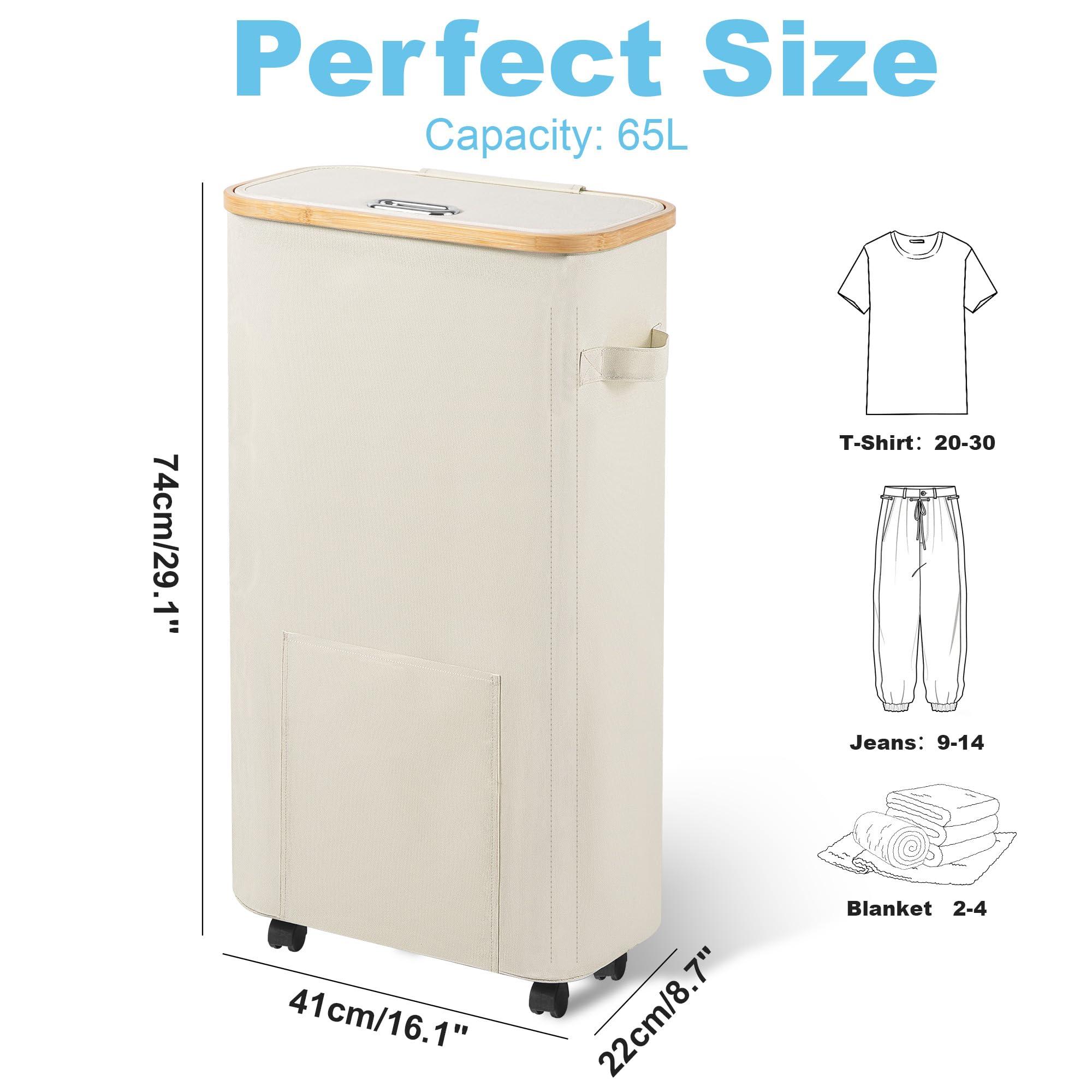 Vincona Slim Laundry Basket with Wheels, Tall Dirty Clothes Hamper on Wheels, Narrow Rolling Laundry Hamper with lid for Dorm, Bedroom and Bathroom, 65L Beige - Image 3
