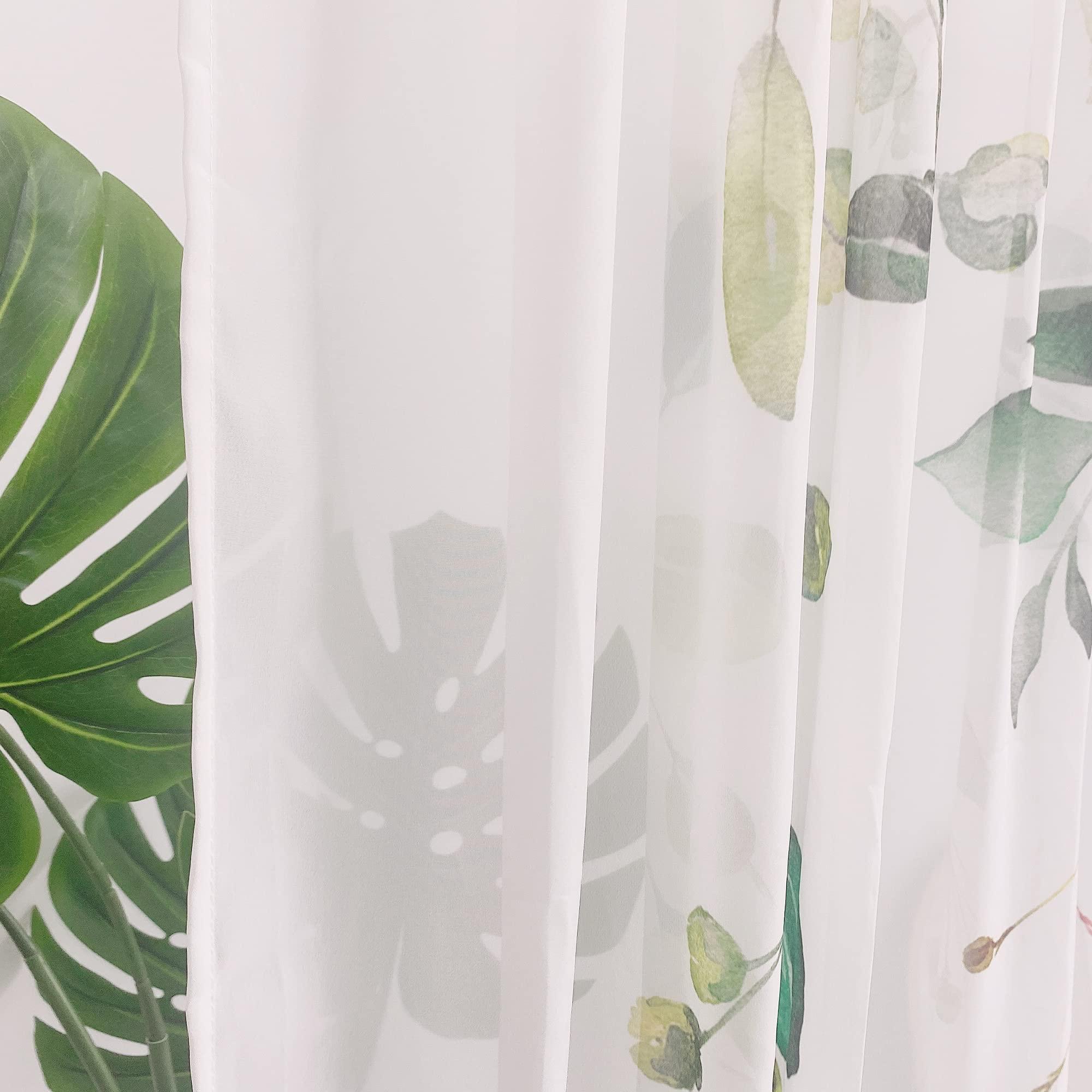 Fereyis Green Eucalyptus Leaves Sheer Curtains for Living Room 84 inch Length 2 Panels Set Elegant Wild Flower Floral Spring Printed Window Curtain Natural Chiffon Drapes for Bedroom - Image 8