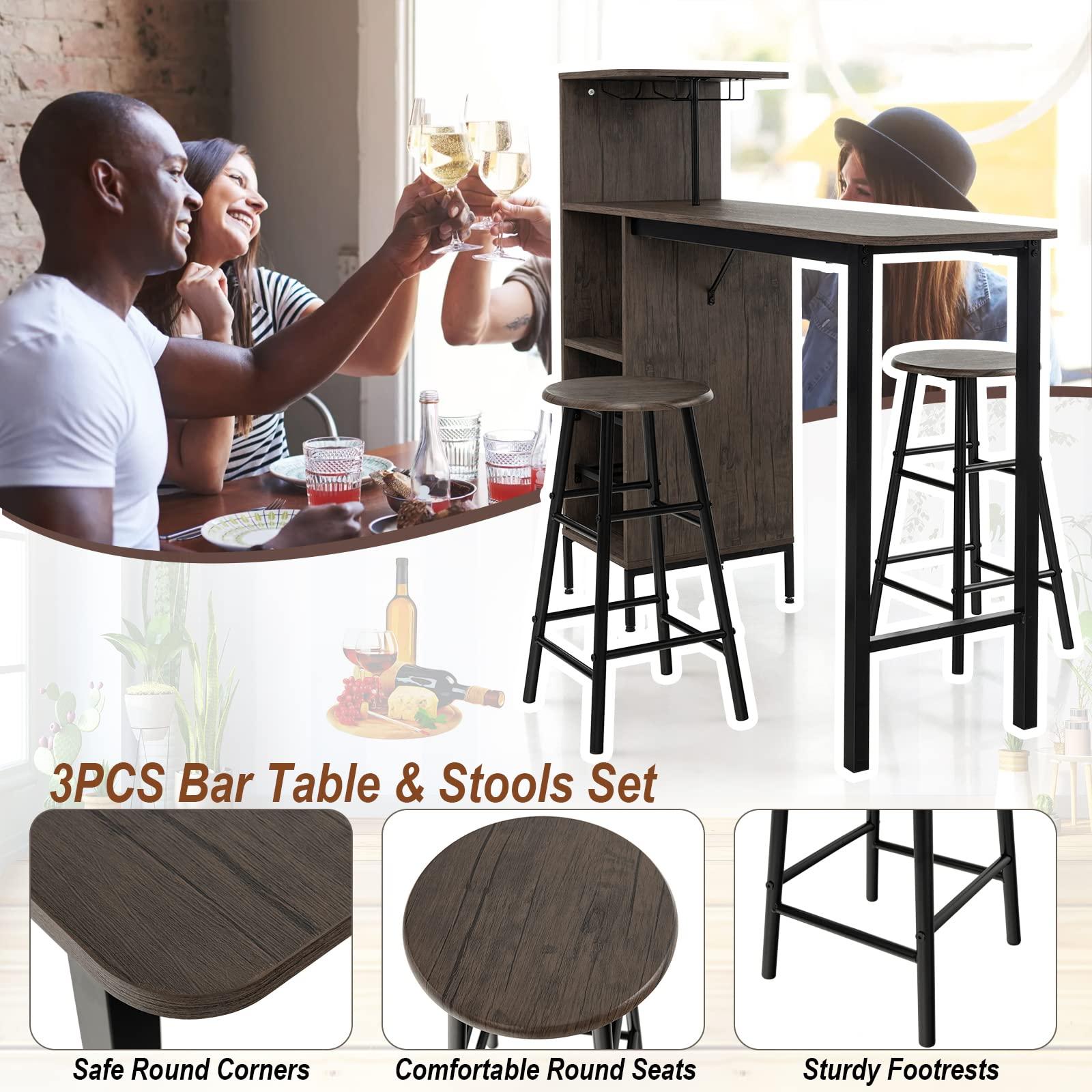 COSTWAY 3 Pieces Bar Table and Chair Set, Industrial Pub Table & Stools with Wine Glass Holders & 6-Bottle Wine Racks, Counter Height Dining Table Set for Living Room Dining Room Kitchen, Brown - Image 4