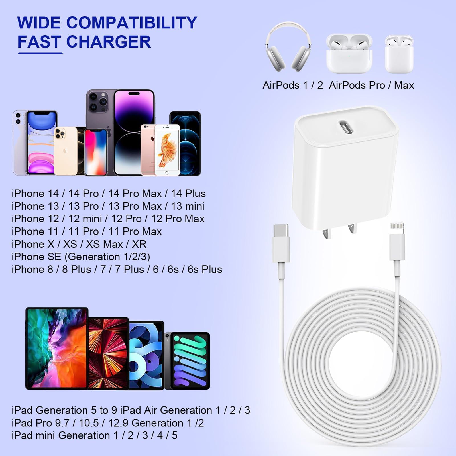 Apple Fast Charger, 10FT Extra Long Fast iPhone Charger Travel Plug Adapter 20W Super Quick Apple Charging USB C Wall Charger Block with 10Foot Lightning Cable Cord for iPhone 14/13/12/11/X/XR/SE/iPad - Image 7