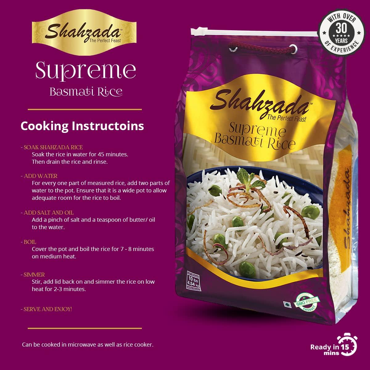 Shahzada Supreme Basmati Rice 10 Lbs – Extra Long Grain, Non-Sticky, Non GMO, Vegan, Gluten Free, No Cholesterol, Low Sodium, Zip-Lock Bag, Parboiled - Image 7