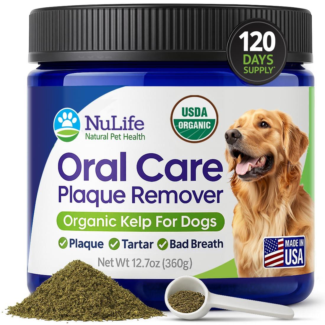 NuLife Natural Pet Health Dog Teeth Cleaning Powder, Dog Plaque and Tartar Remover, Bad Breath Treatment for Dogs with USDA Organic Sea Kelp Powder, Dog Dental Care Made Easy, for All Ages, 12 oz