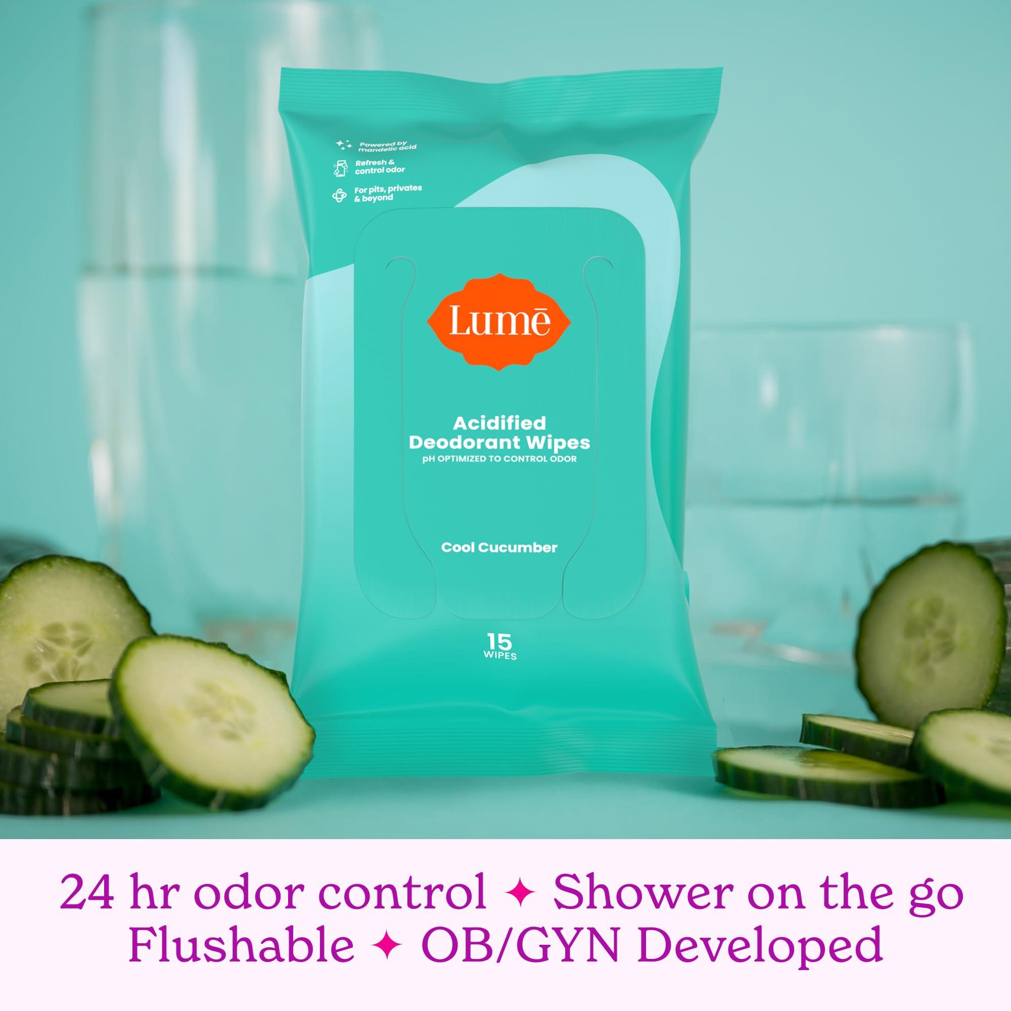 Lume Acidified Deodorant Wipes - 24 Hour Odor Control - Aluminum Free, Baking Soda Free, Skin Loving - 15 Count (Pack of 3) (Cool Cucumber) - Image 8
