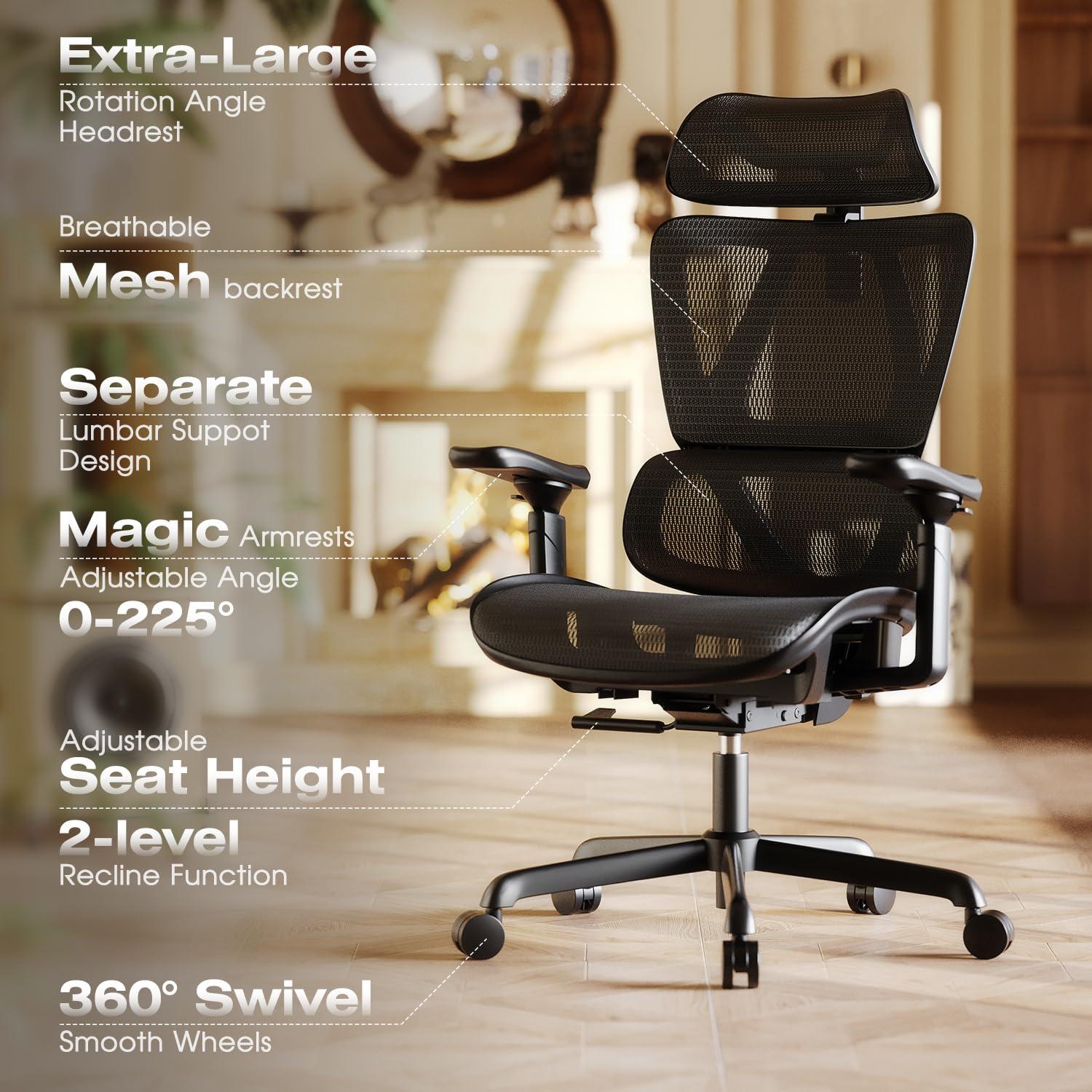 ELABEST T11 Ergonomic Office Chair,High Back Desk Chairs with Separate Lumbar Support,Magic Armrests,Adjustable Wide Headrest,Comfy Executive Computer Chair,Big and Tall Mesh Chair for Home Office - Image 9