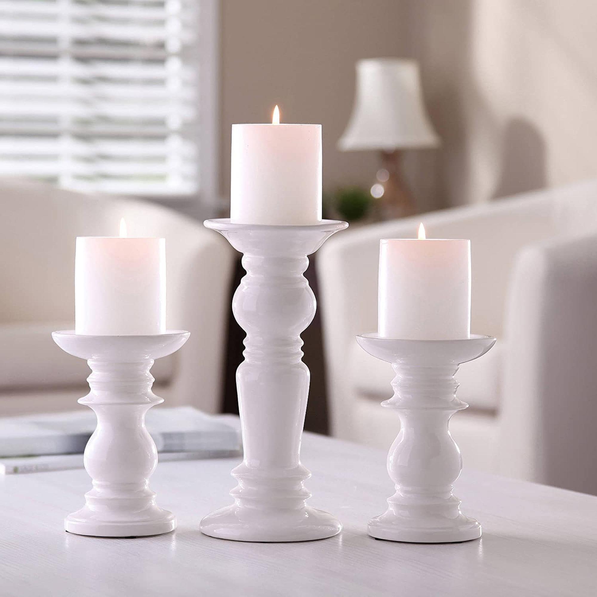 Hosley Set of 3 Ceramic White Pillar Candle Holders Two 6 inch and One 9.5 inch High Ideal for LED and Pillar Candles Gifts for Wedding Party Home Spa Aromatherapy Votive Candle Gardens - Image 4