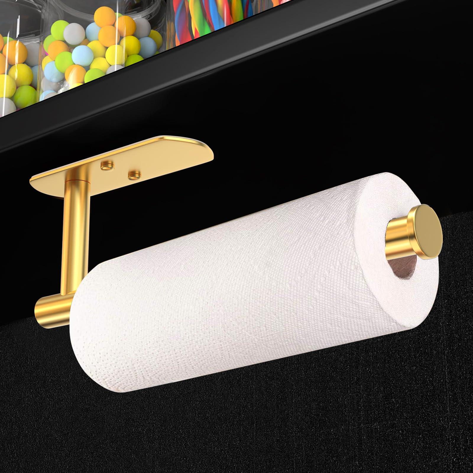 VAEHOLD Self Adhesive Paper Towel Holder Under Cabinet Mount, Wall Mounted Paper Towel Roll Holder for Kitchen, Bathroom, Wall - SUS304 Stainless Steel (Gold) - Image 2