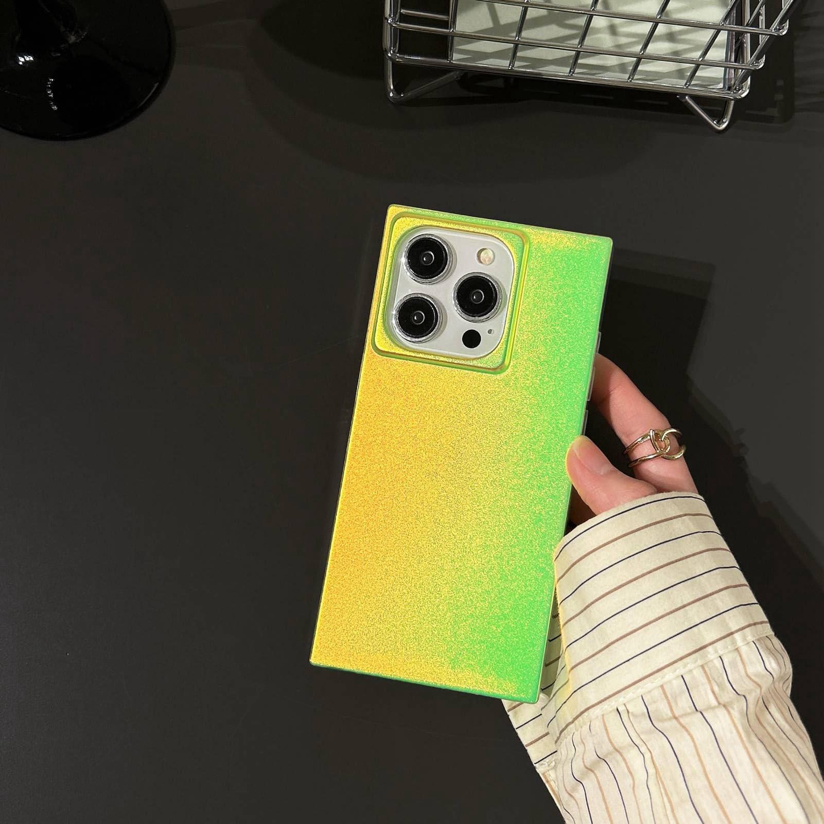 Rectangle Green Iridescent Satin Phone Case for iPhone 16 Pro Max(6.9inch),Aeshtetic Neon Color Changing Glitter Shiny Rectangled Shape Slim One Piece Protective Cover(i16promax,Green) - Image 3