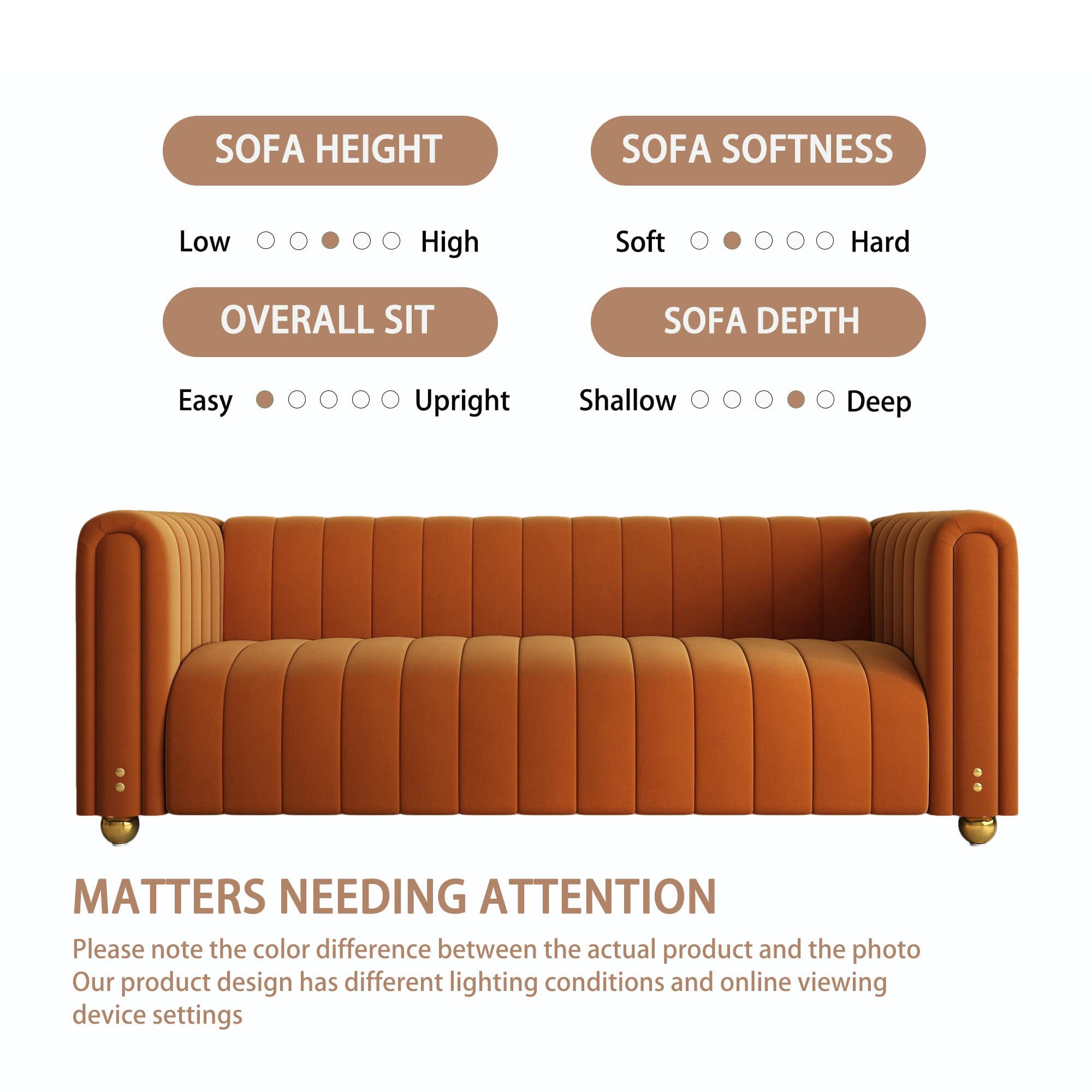 BuLaXong 81" Mid Century Modern Velvet Sofa, Loveseat 3 Seat Comfy Couch for Living Room, Orange Tufted Velvet Couch with Gold Metal Sphere Legs, Luxury Modern Sofa for Room Office Apartment - Image 6