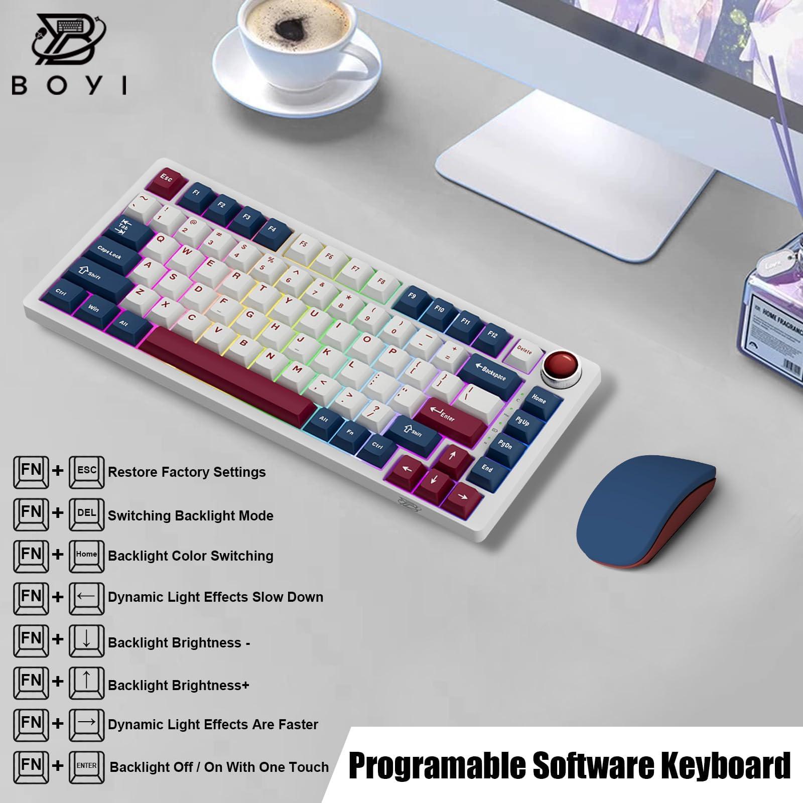 BOYI YK82 Aluminum Alloy Mechanical Keyboard,75% RGB Gasket-Mounted BT5.0/2.4G/Type-C Wired Tri-Mode Hot-Swap Programmable PBT Keycaps Gaming Keyboard with Knob for MAC/Win(Ruby Red PBT Keycaps) - Image 2