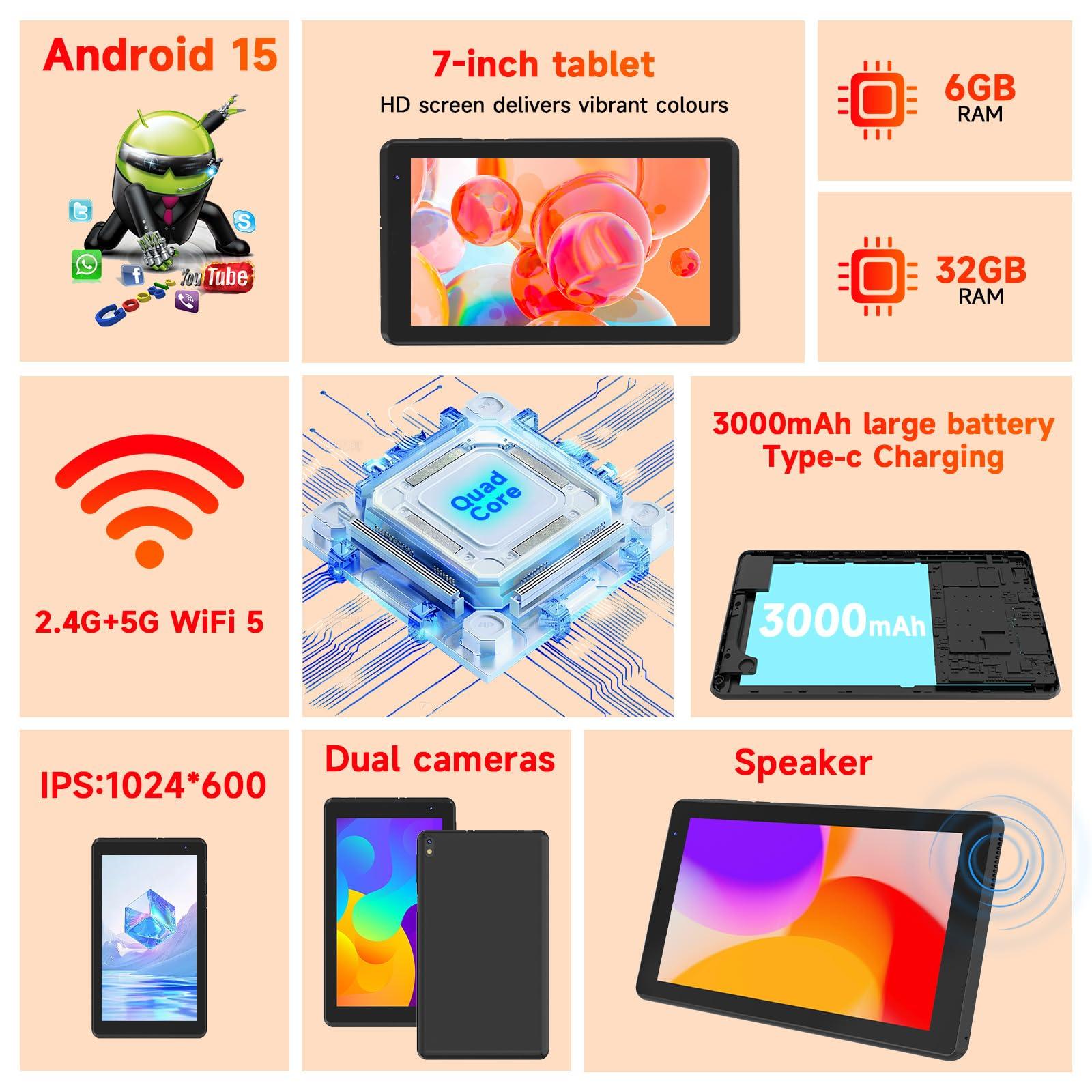 BYANDBY Tablet 7 inch Android 15.0 Tablet, 6GB+32GB ROM （1TB Expand）, Quad-Core, WiFi, GMS, Dual Camera, Educational, Games （Black） - Image 3