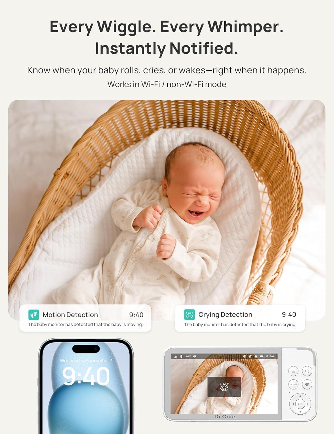 Dr.Care VistaView Smart WiFi Baby Monitor - 5” 1080P Split Screen & 2K Camera App Control, Cry & Motion Alerts, HD Night Vision, 5000mAh Battery, 2-Way Talk, Multi-User, Triple Security, 1279ft Range - Image 3
