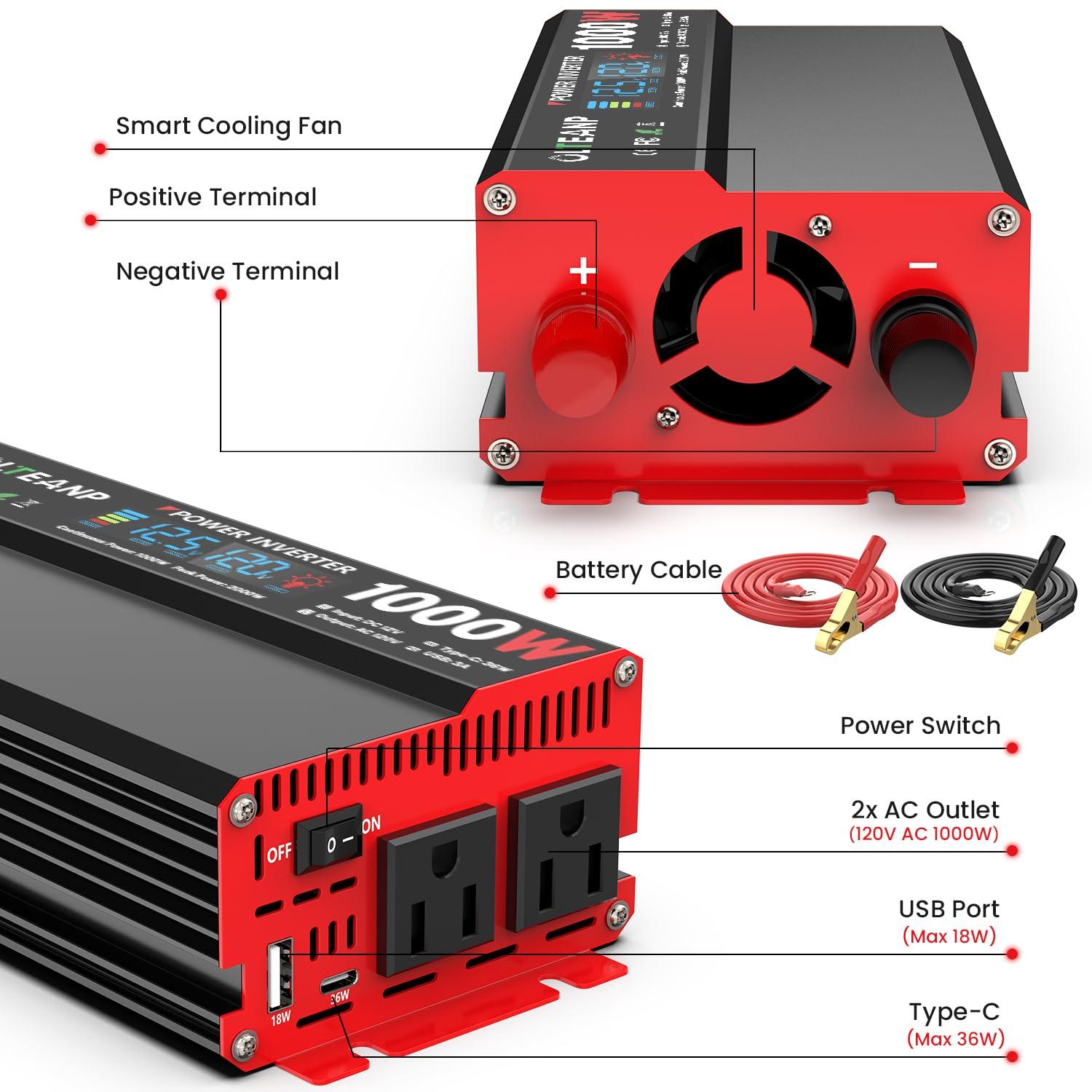 OLTEANP 1000 Watt Power Inverter 12V DC to 110V/120V AC Car Inverter with LCD Screen Display, 2 AC Outlets, 36W Type-C Port, 5V/3A USB Port, Car Power Converter for Truck, Home, Vehicles, Laptop, Trip - Image 8