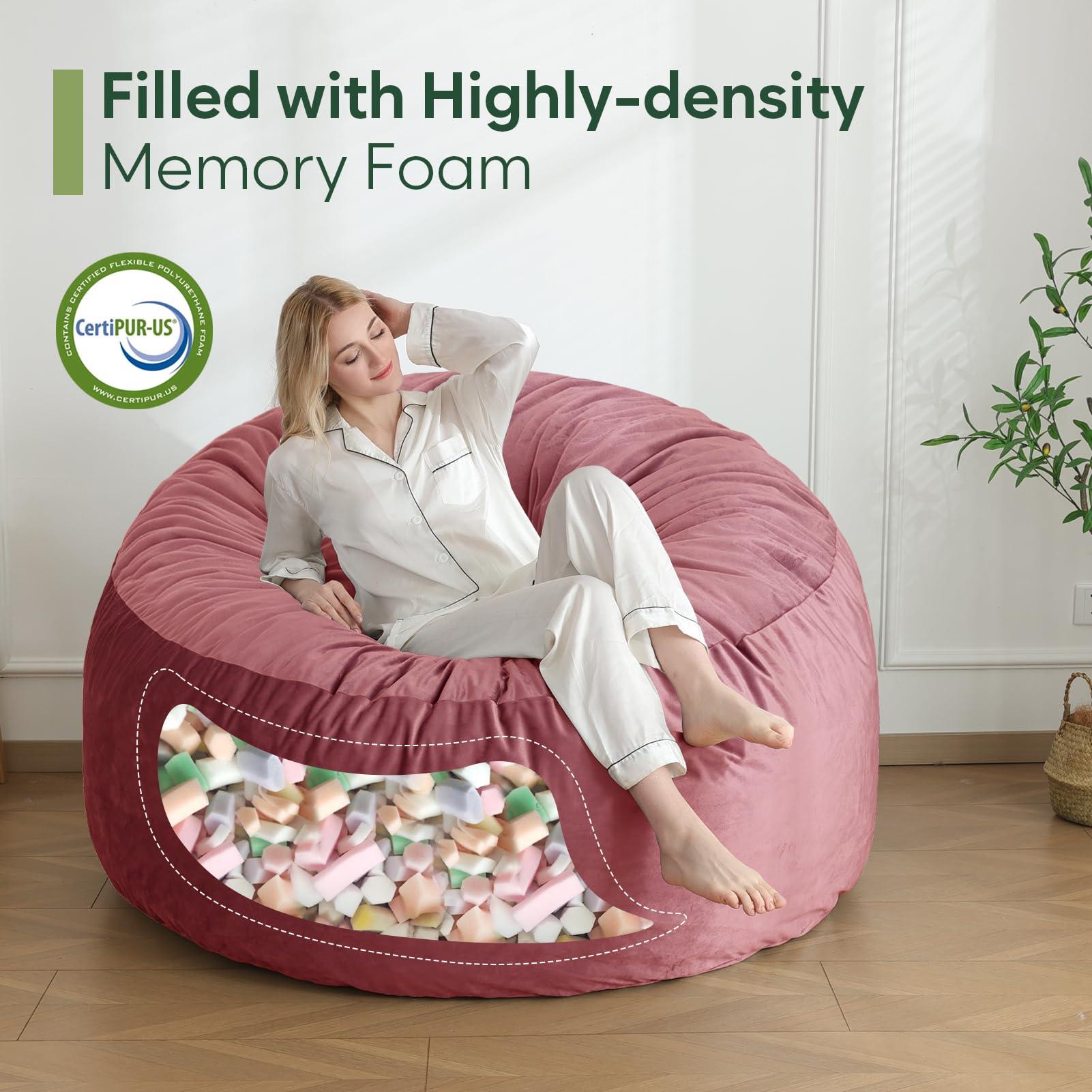 3 Ft Bean Bag Chair, Memory Foam Bean Bag Chairs for Adults with Filling, Round Bean Bag Sofa with Filler Included, Beanbags with Soft Dutch Velvet Fabric,3 Foot,Pink - Image 2