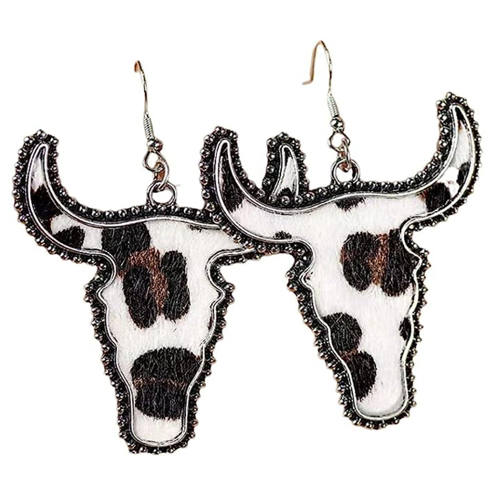 Handmade Funny Western Cowgirl Cowboy Cow Bull Cattle Head Animal Cow Print Drop Dangle Bohemian Ethnic Boho Vintage Earrings Jewelry for Women